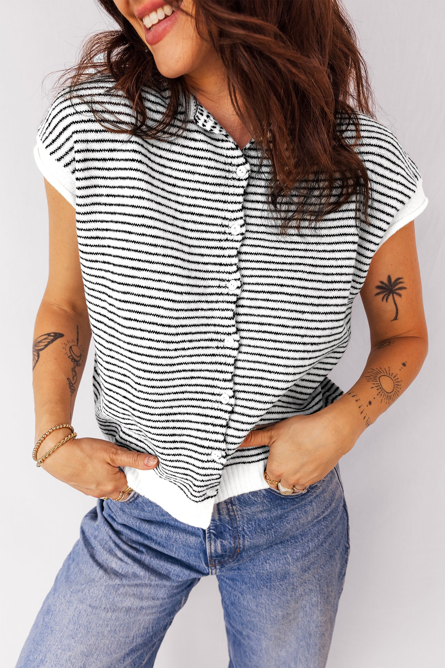 Black Stripe Contrast Trim Cap Sleeve Button Down Casual Cardigan-TOPS / DRESSES-[Adult]-[Female]-Black Stripe-S-2022 Online Blue Zone Planet