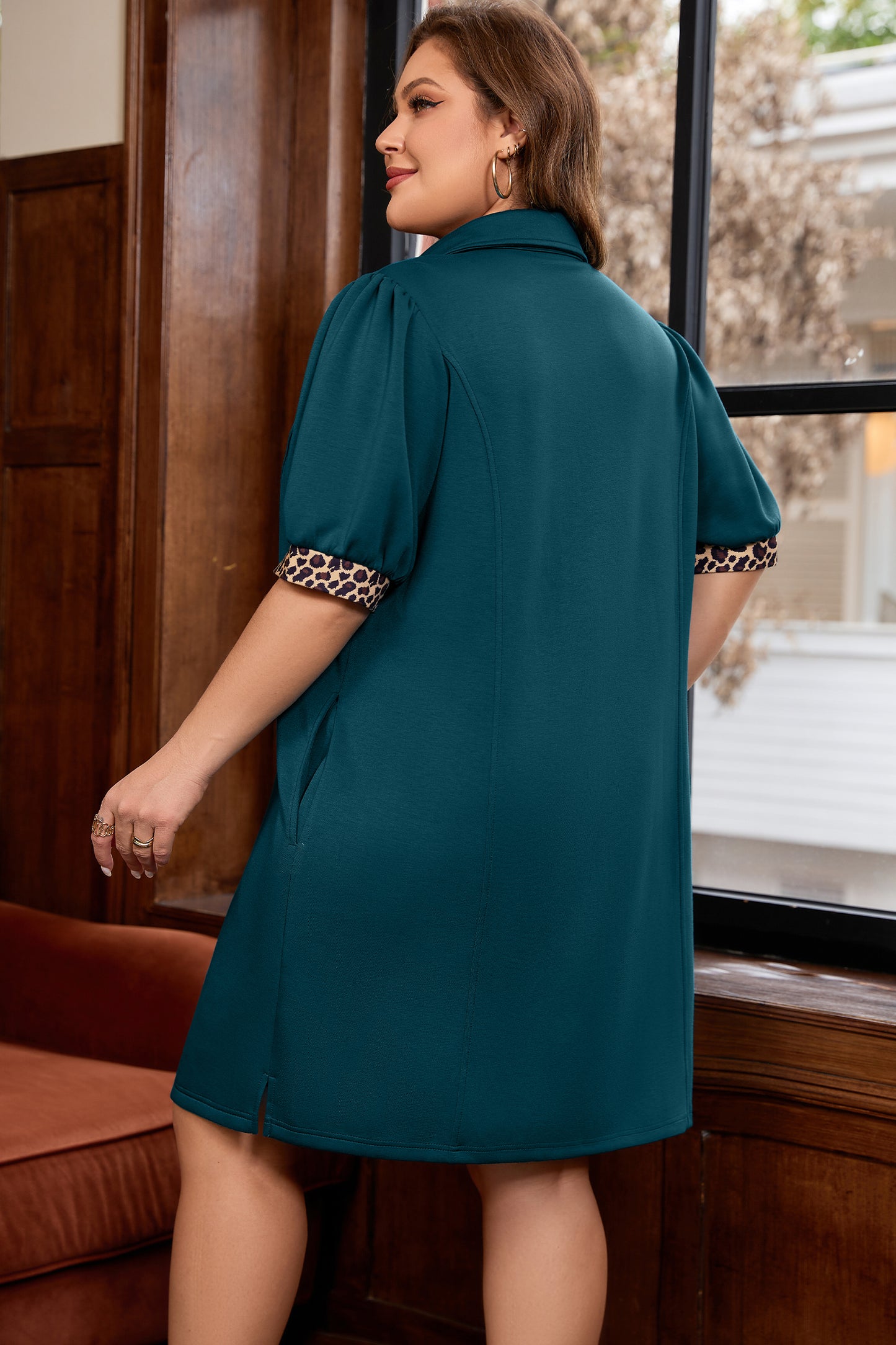 Sea Green Leopard Patchwork Detail Quarter Zip Collared Plus Size Mini Dress-TOPS / DRESSES-[Adult]-[Female]-2022 Online Blue Zone Planet