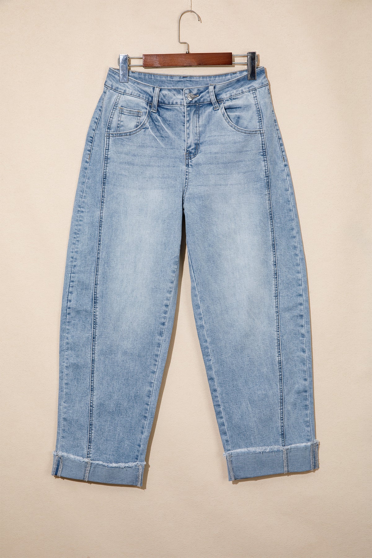 Sail Blue Raw Hem Turnup Loose Ankle-length Jeans-Bottoms/Jeans-[Adult]-[Female]-2022 Online Blue Zone Planet