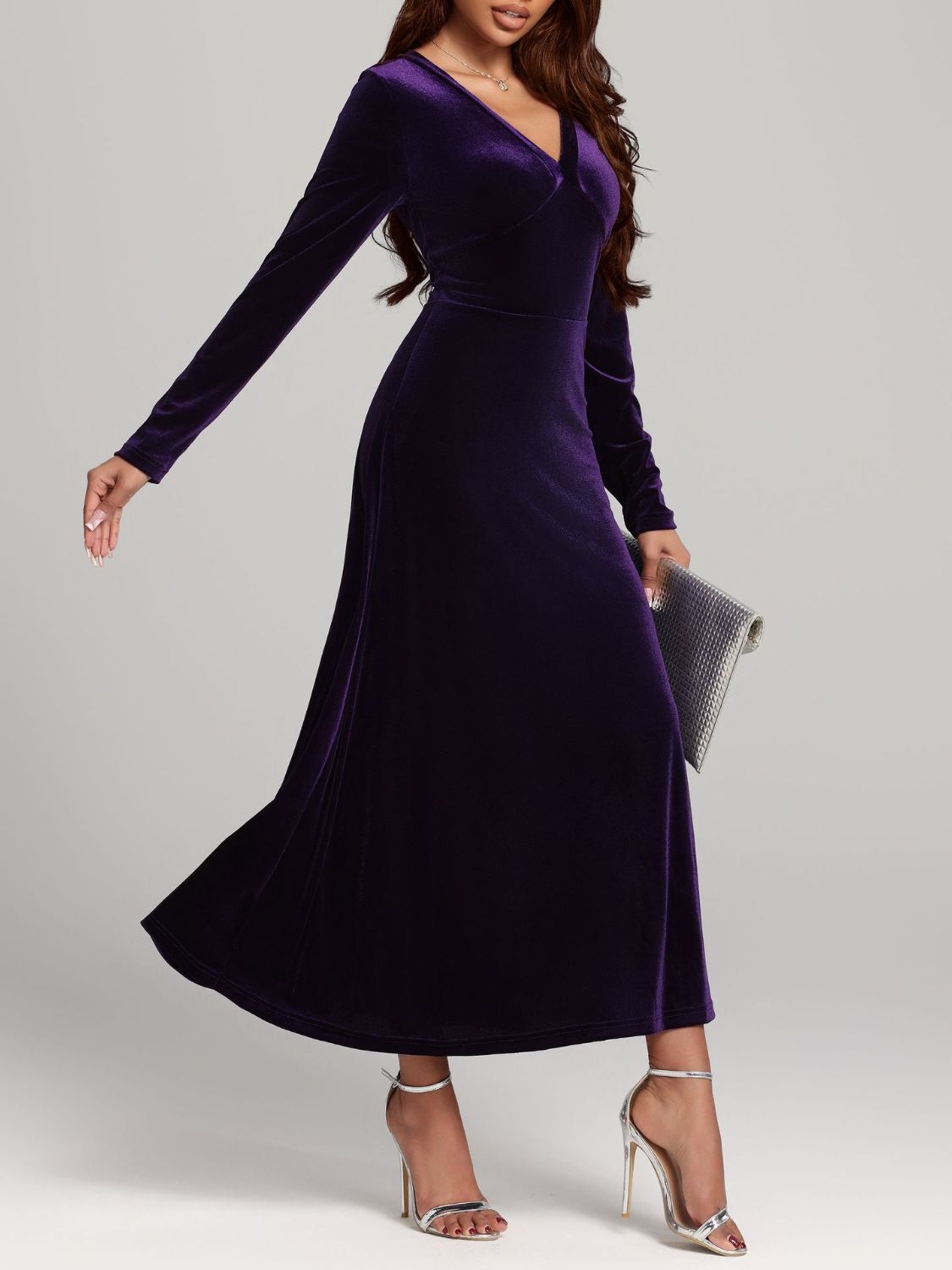 Blue Zone Planet | V-Neck Long Sleeve Velvet Dress-TOPS / DRESSES-[Adult]-[Female]-2022 Online Blue Zone Planet