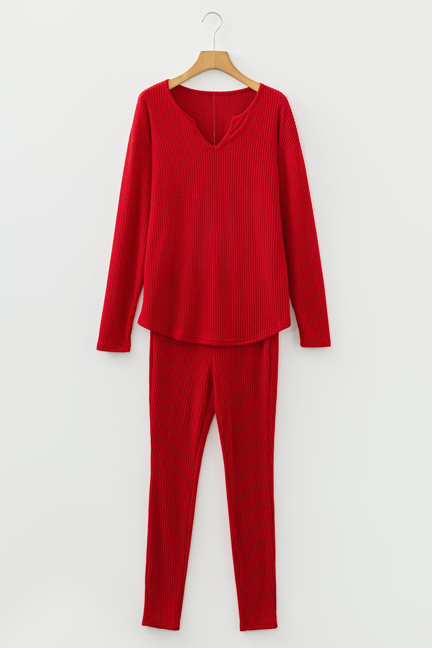 Grass Green Ribbed Notched Neck Knit Long Sleeve Leggings Two Pieces Lounge Set-Loungewear & Sleepwear/Loungewear-[Adult]-[Female]-2022 Online Blue Zone Planet