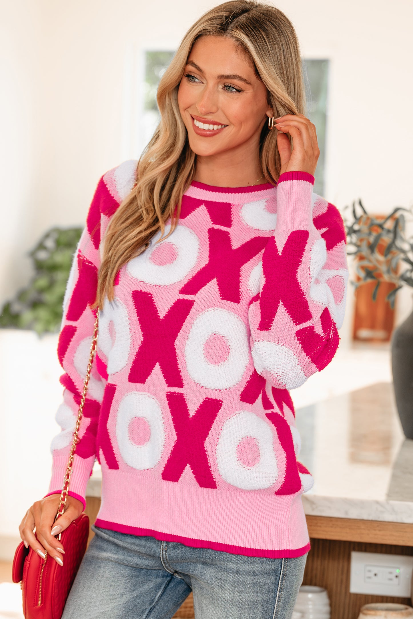 Pink XOXO Pattern Drop Shoulder Crewneck Valentines Sweater-Sweaters & Cardigans/Sweaters-[Adult]-[Female]-2022 Online Blue Zone Planet