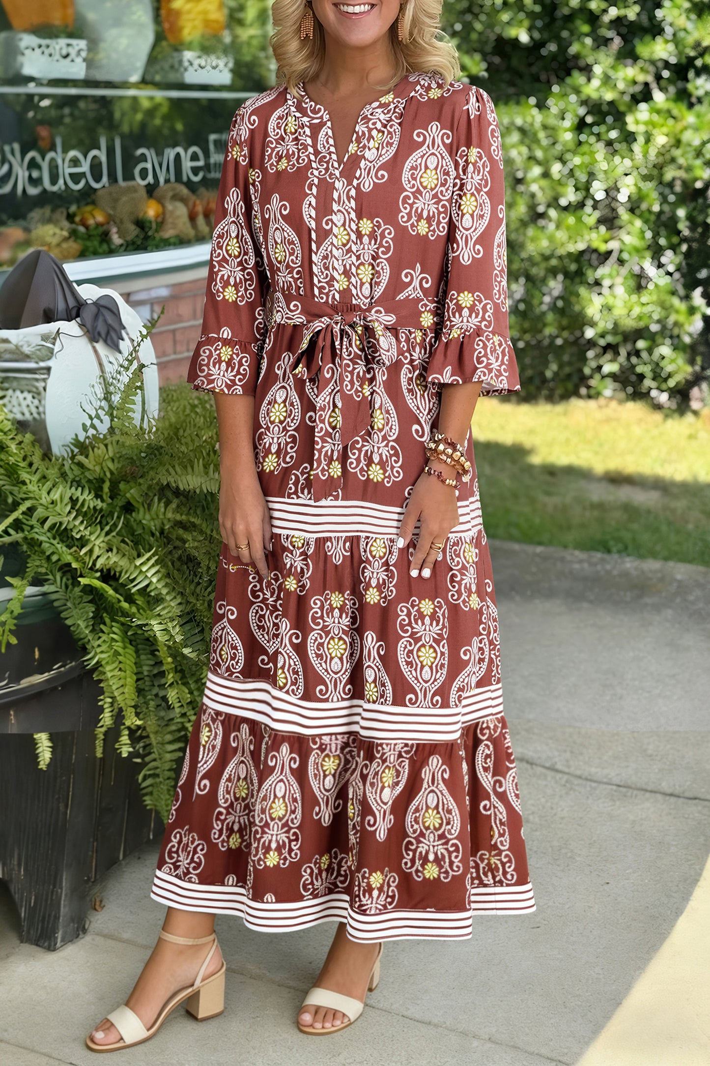 Brown Floral Print Belted Striped Trim Tiered Maxi Dress-TOPS / DRESSES-[Adult]-[Female]-Brown-S-2022 Online Blue Zone Planet