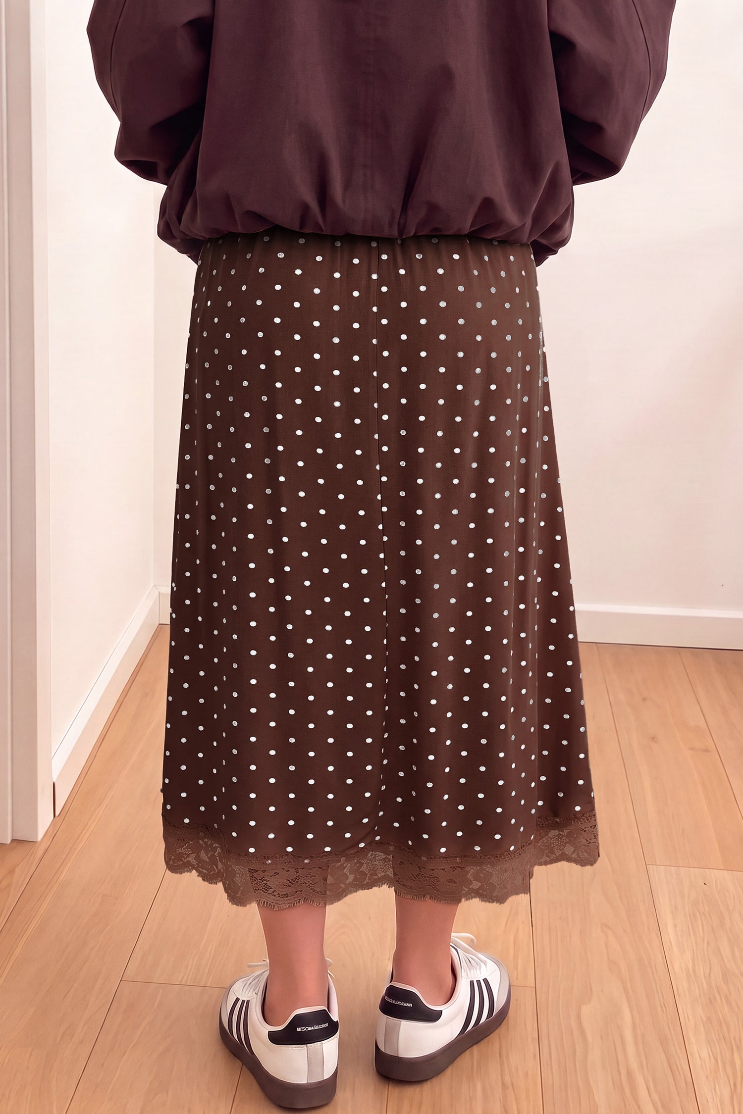 Brown Polka Dot Lace Hem Elegant Long Shift Skirt-Bottoms/Skirts & Petticoat-[Adult]-[Female]-2022 Online Blue Zone Planet