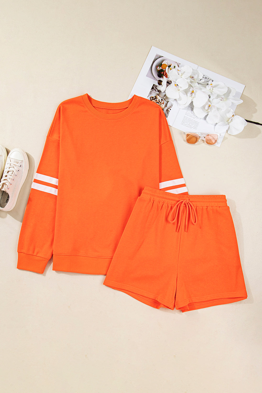 Orange Plus Size Varsity Striped Drop Shoulder Pullover Drawstring Elastic Waistband Short Set-Plus Size/Plus Size Loungewear-[Adult]-[Female]-2022 Online Blue Zone Planet