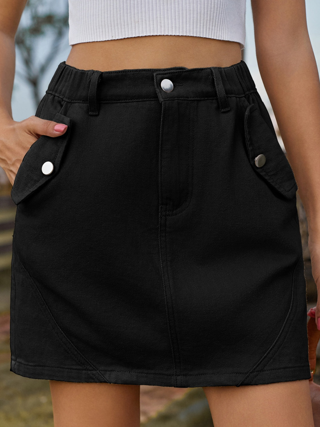 Pocketed Buttoned Mini Denim Skirt-BOTTOMS SIZES SMALL MEDIUM LARGE-[Adult]-[Female]-Black-S-2022 Online Blue Zone Planet