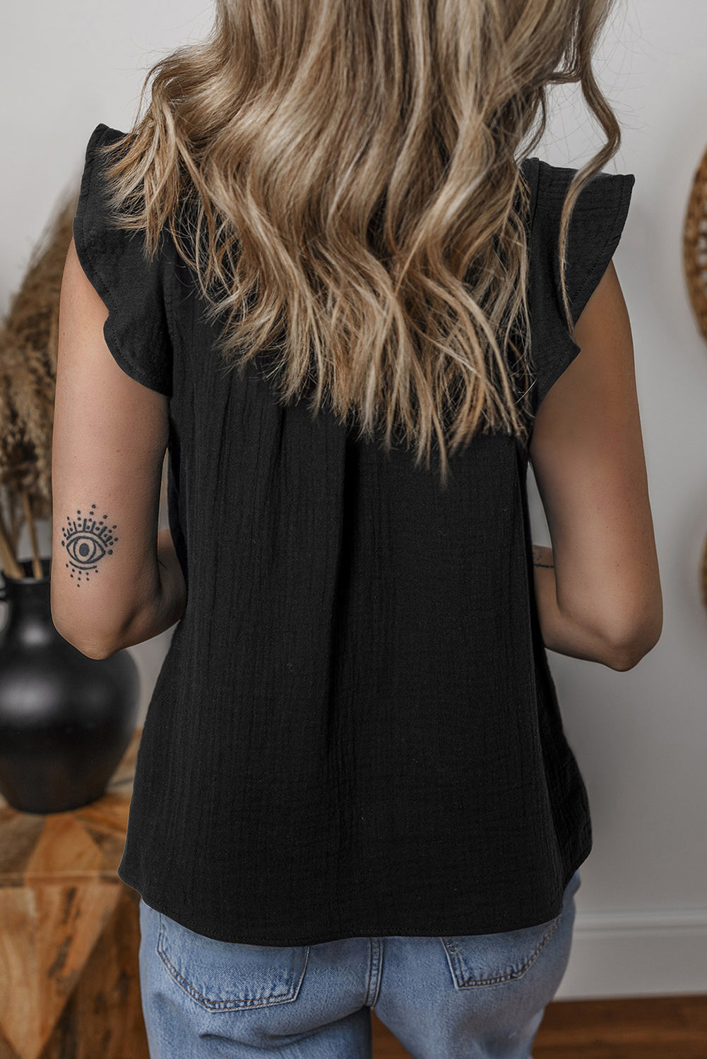Black Ruffled Shoulder V Neck Shift Tank Top-Tops/Tank Tops-[Adult]-[Female]-2022 Online Blue Zone Planet
