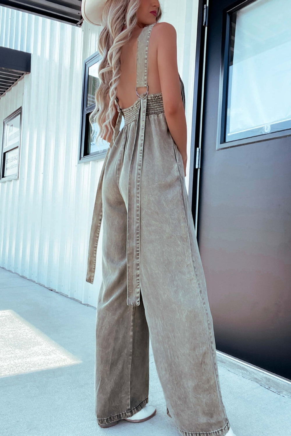 V-Neck Wide Leg Denim Jumpsuit-BOTTOM SIZES SMALL MEDIUM LARGE-[Adult]-[Female]-2022 Online Blue Zone Planet