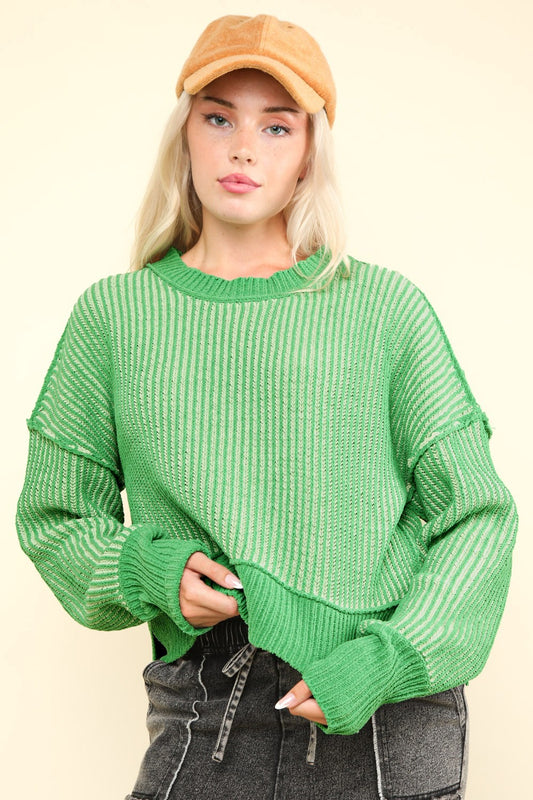 VERY J Exposed Seam Cropped Striped Slit Sweater-TOPS / DRESSES-[Adult]-[Female]-Green-S-2022 Online Blue Zone Planet