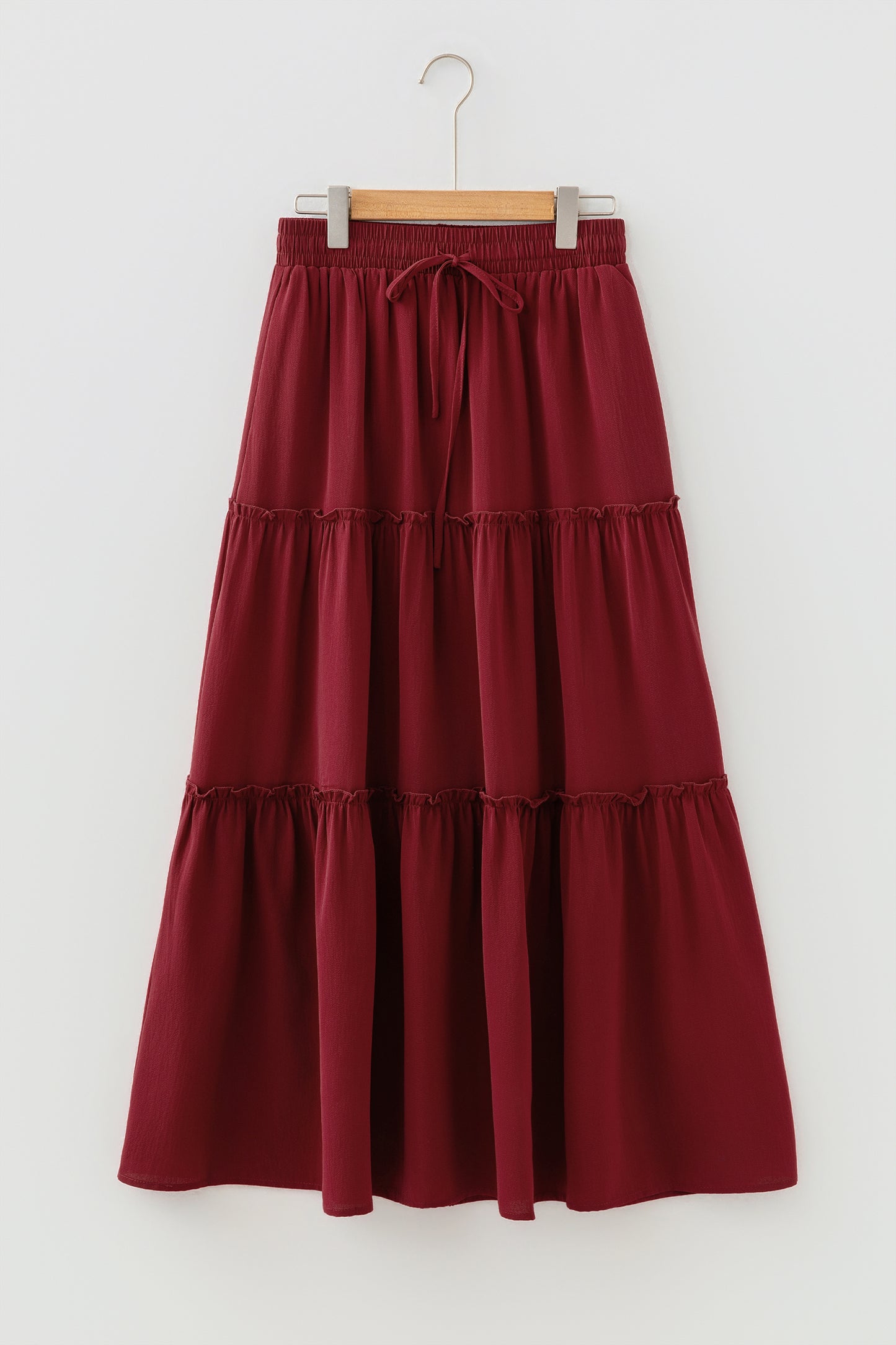 Fiery Red Black Frill Tiered Drawstring Waist Maxi Skirt-Bottoms/Skirts & Petticoat-[Adult]-[Female]-2022 Online Blue Zone Planet