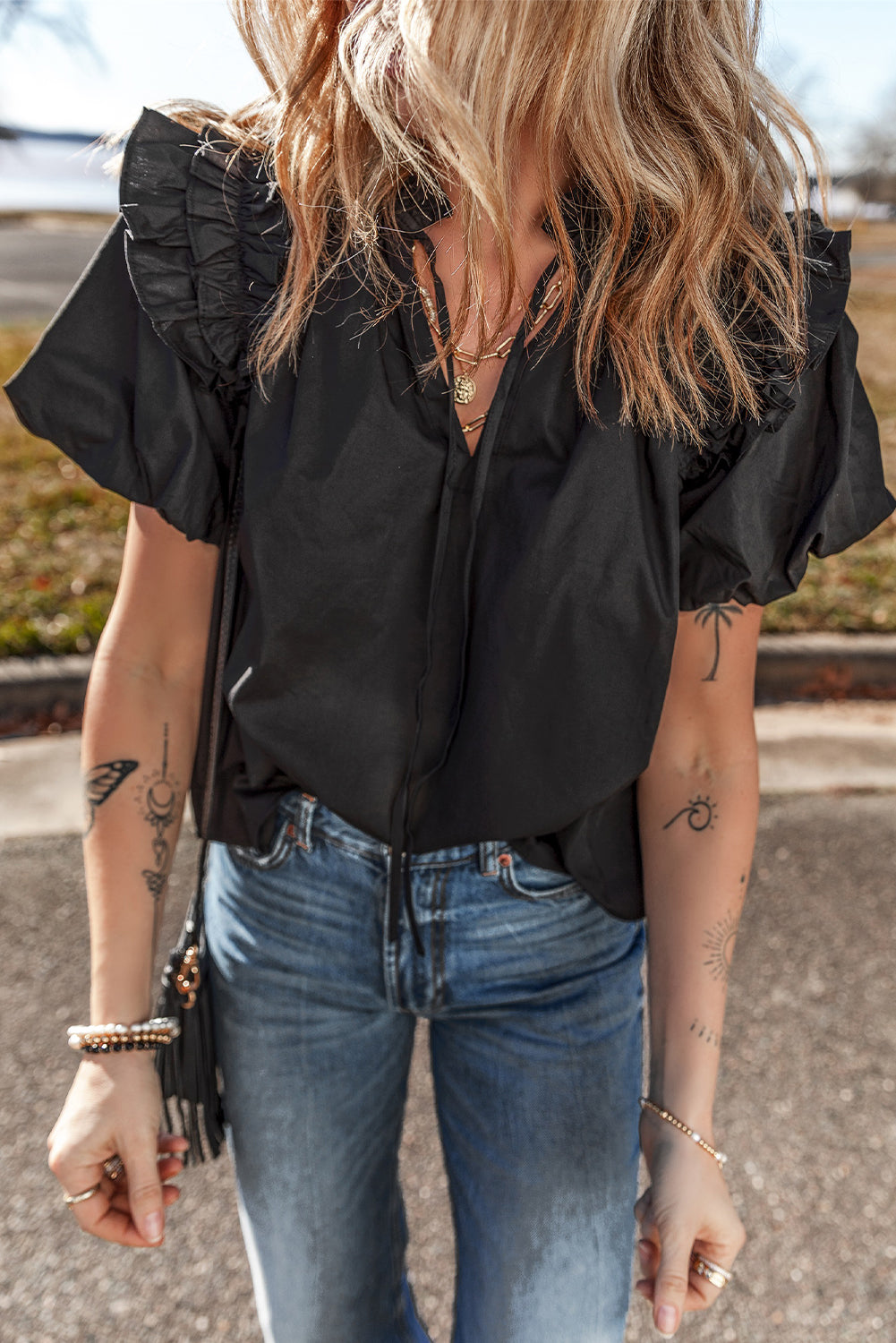 Black Ruffled Puff Short Sleeve Loose Blouse-Tops/Blouses & Shirts-[Adult]-[Female]-Black-S-2022 Online Blue Zone Planet