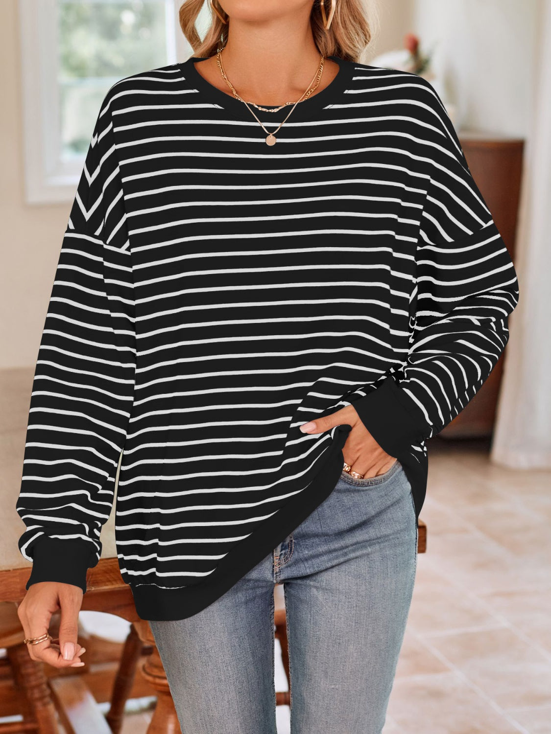 Blue Zone Planet | Lovelet Striped Round Neck Long Sleeve Sweatshirt-TOPS / DRESSES-[Adult]-[Female]-2022 Online Blue Zone Planet