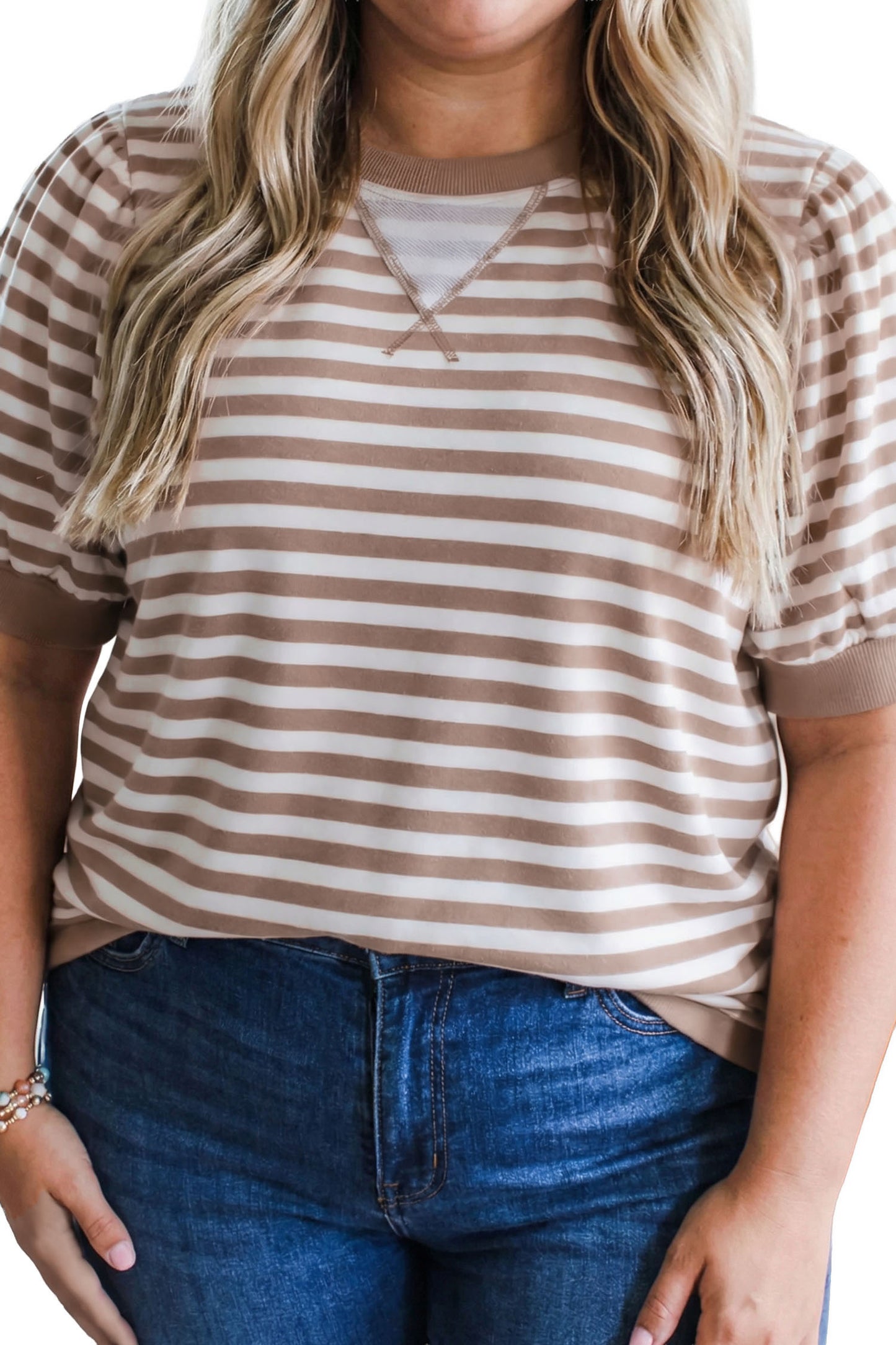 Orange Stripe Ribbed Trim Round Neck Short Puff Sleeve Plus T Shirt-Plus Size/Plus Size Tops-[Adult]-[Female]-2022 Online Blue Zone Planet