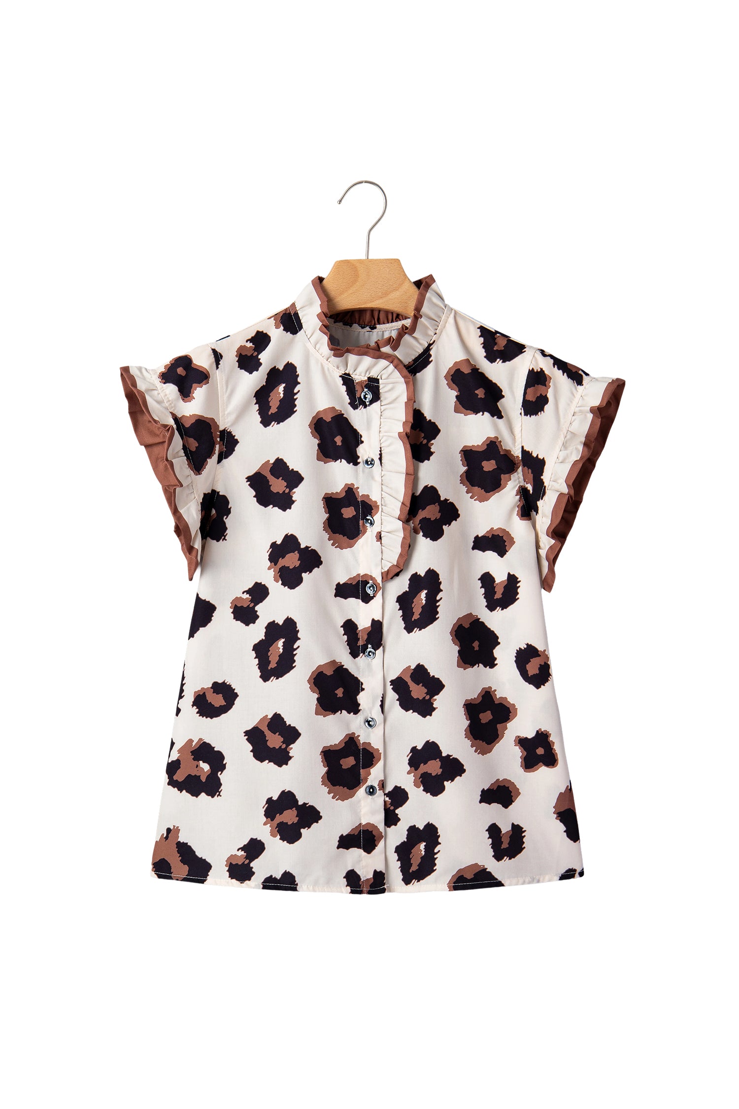 Khaki Leopard Printed Ruffle Sleeve Summer Blouse-Tops/Blouses & Shirts-[Adult]-[Female]-2022 Online Blue Zone Planet