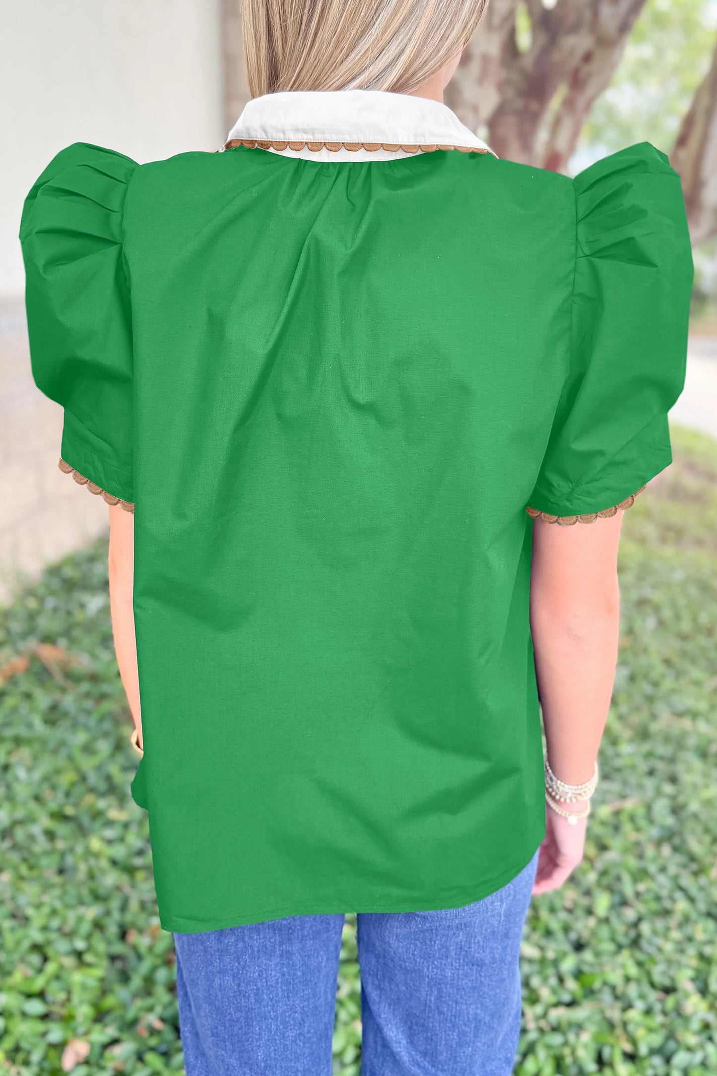 Bright Green Ricrac Trim Color Block Patchwork Shirt Collar Short Sleeve Blouse