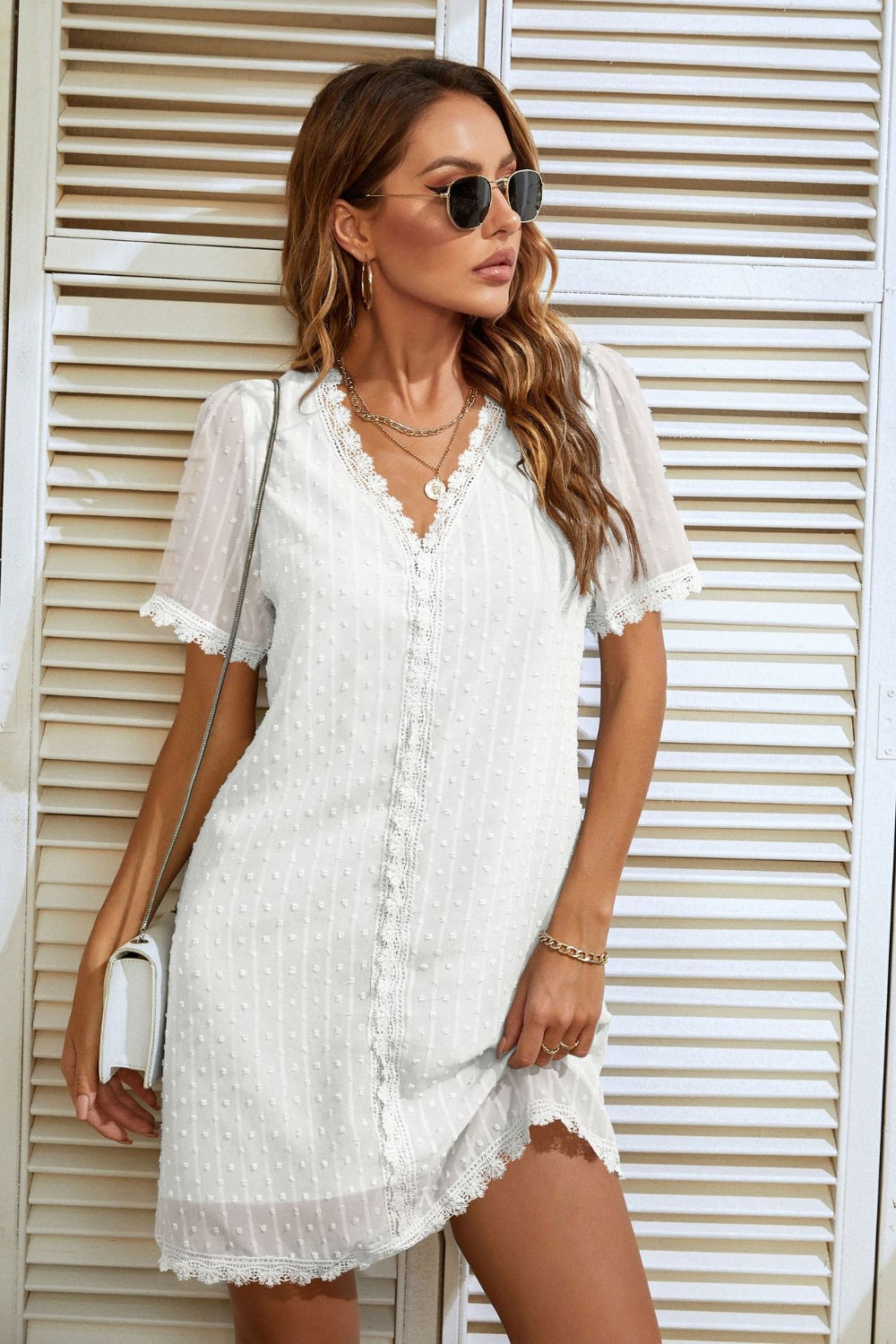 Lace Detail V-Neck Short Sleeve Dress-TOPS / DRESSES-[Adult]-[Female]-2022 Online Blue Zone Planet