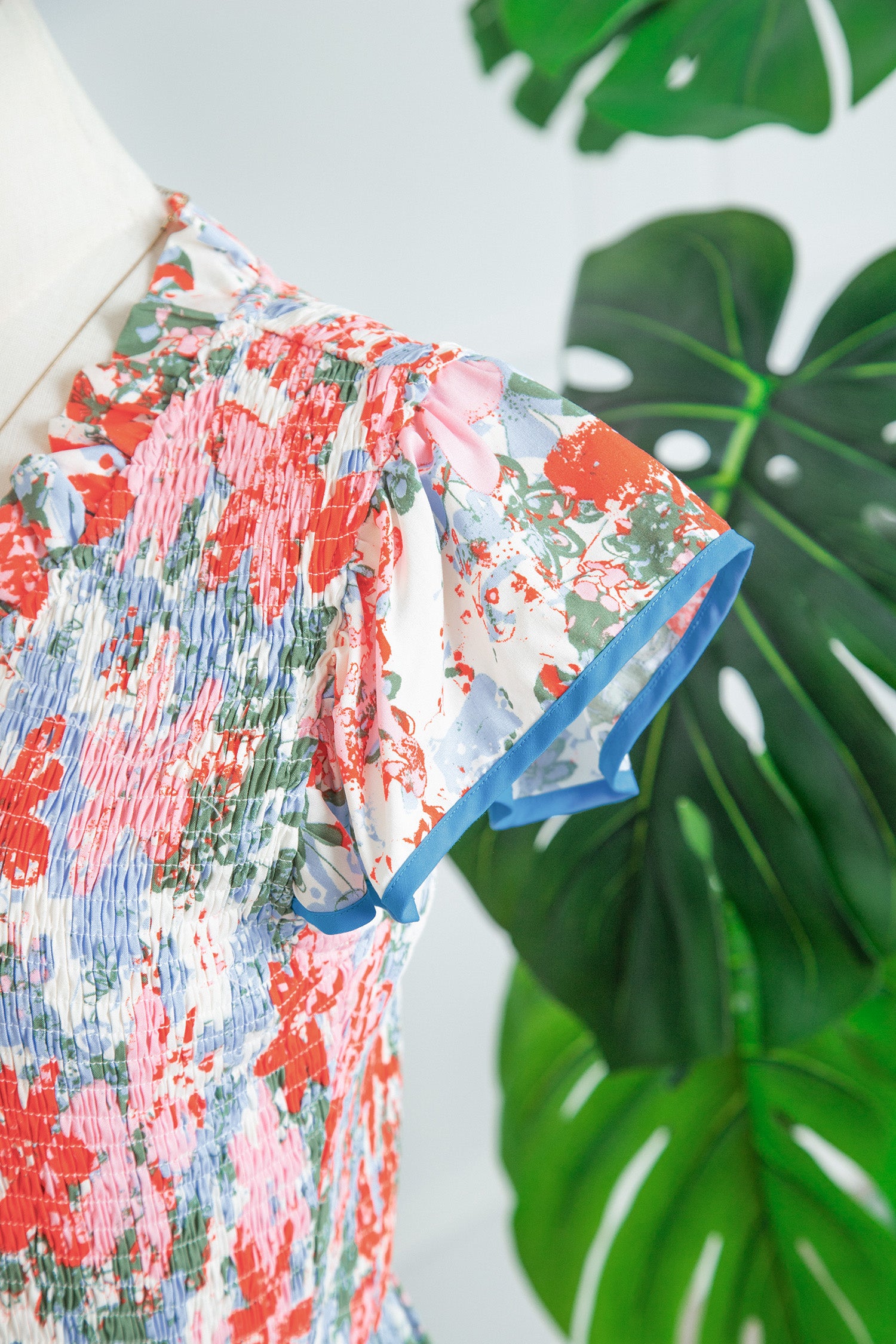 Apricot Floral Print V Neck Contrast Trim Flutter Sleeve Maxi Dress-TOPS / DRESSES-[Adult]-[Female]-2022 Online Blue Zone Planet