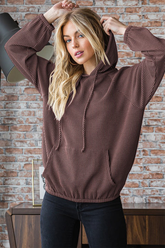 Heimish Ribbed Long Sleeve Hoodie with Kangaroo Pocket-TOPS / DRESSES-[Adult]-[Female]-Brown-S-2022 Online Blue Zone Planet