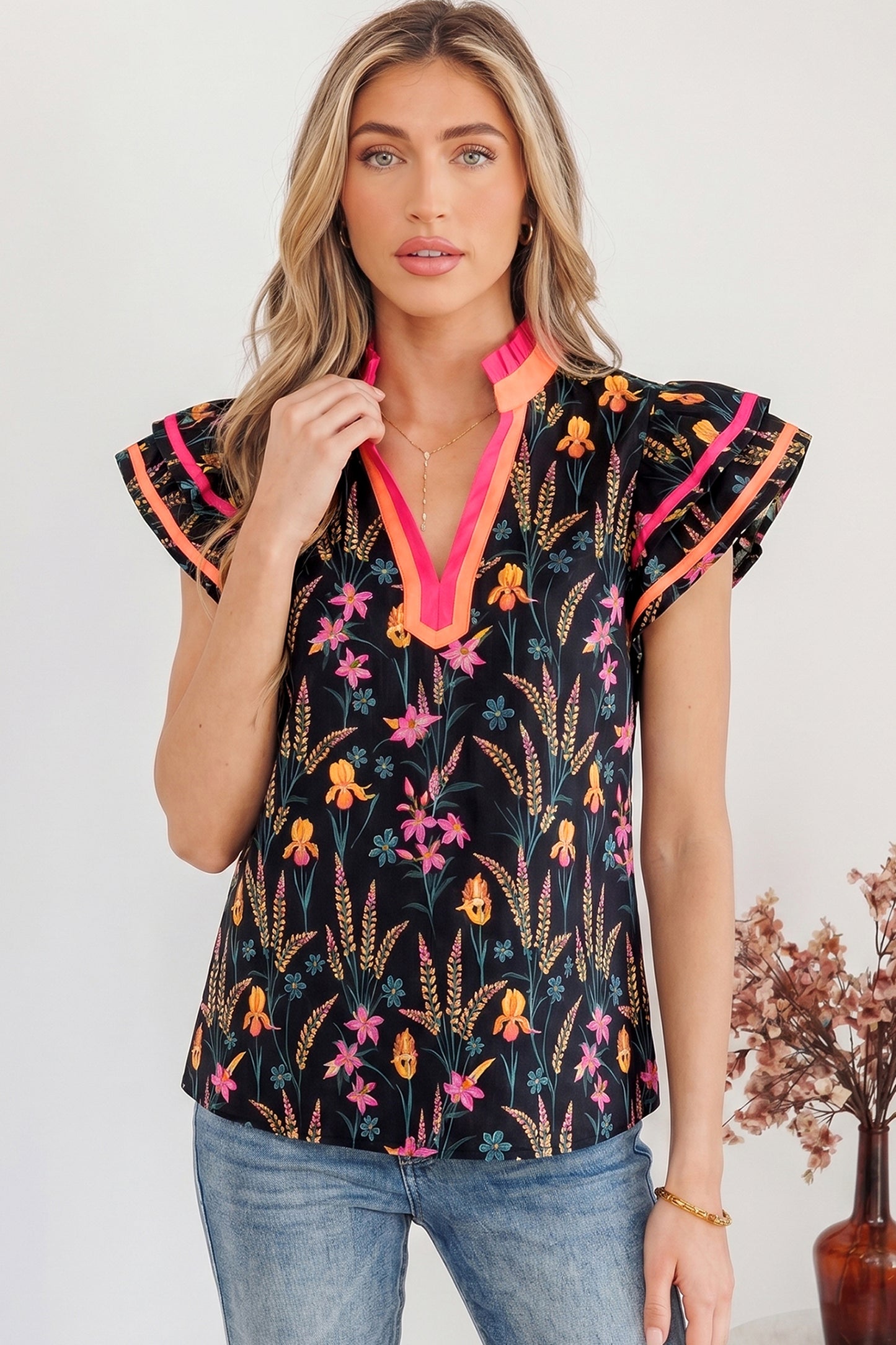 Black Floral Print Contrast Trim Tiered Ruffled Short Sleeve Blouse-Tops/Blouses & Shirts-[Adult]-[Female]-2022 Online Blue Zone Planet