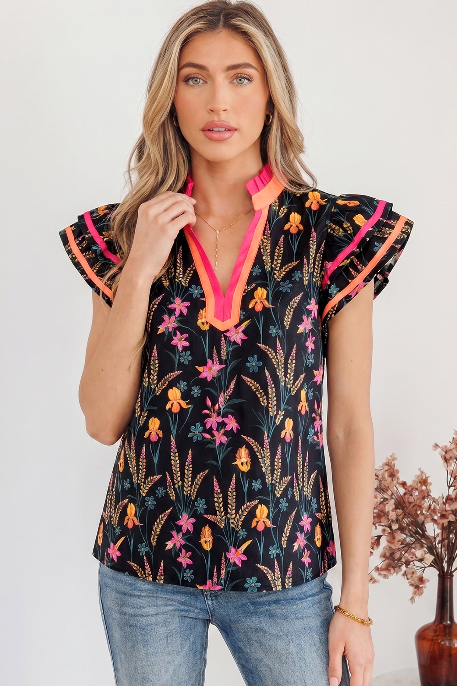 Black Floral Print Contrast Trim Tiered Ruffled Short Sleeve Blouse-Tops/Blouses & Shirts-[Adult]-[Female]-2022 Online Blue Zone Planet
