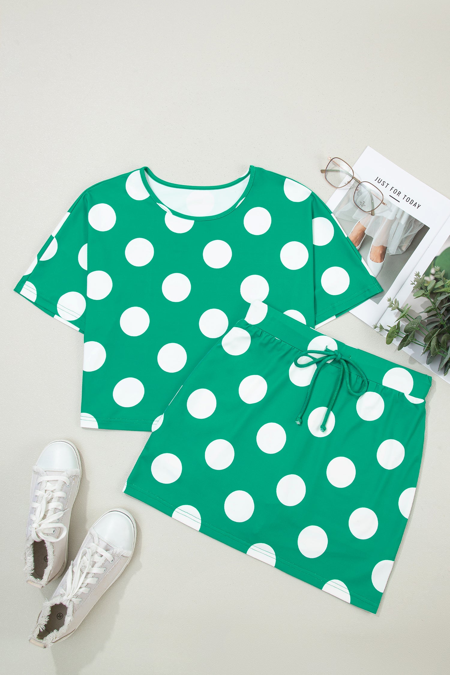 Green Polka Dot Print Cropped Tee Bodycon Skort 2pcs Set-Two Piece Sets/Two Piece Dresses-[Adult]-[Female]-2022 Online Blue Zone Planet
