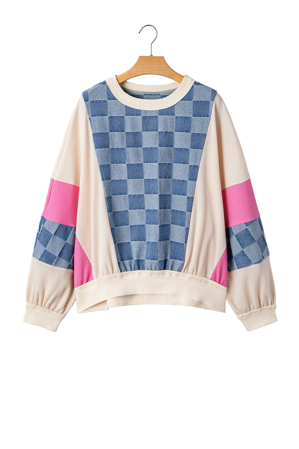 Sky Blue Oversized Checkered Denim Exposed Seam Patchwork Casual Sweatshirt-Tops/Sweatshirts & Hoodies-[Adult]-[Female]-2022 Online Blue Zone Planet