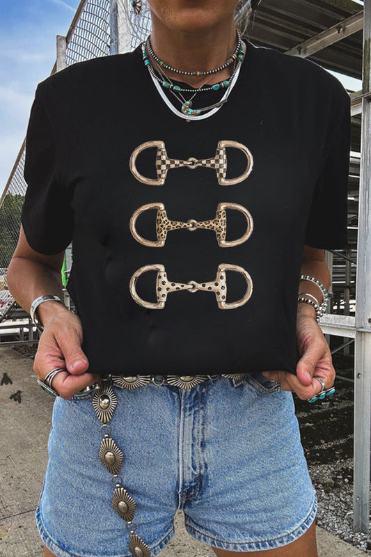Black Western Horse Bit Printed Relaxed T Shirt-Graphic/Graphic Tees-[Adult]-[Female]-Black-S-2022 Online Blue Zone Planet