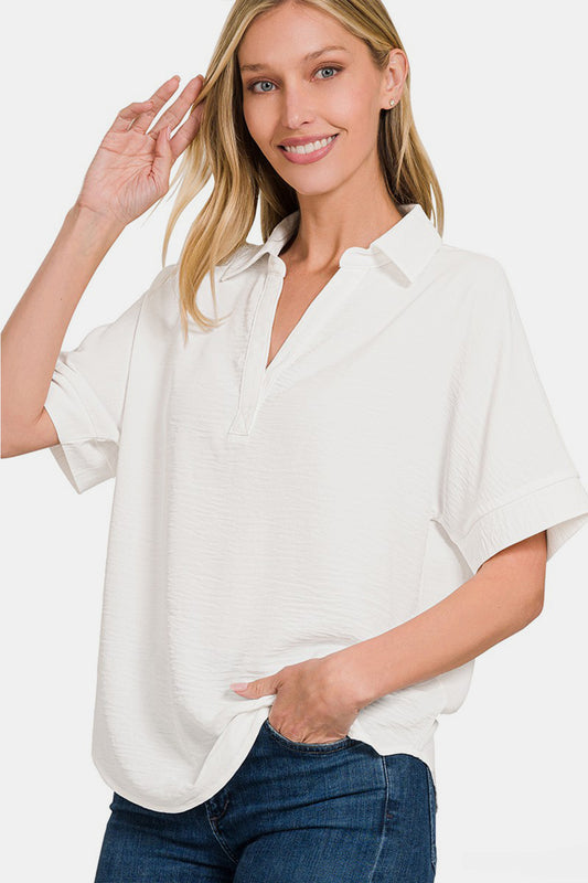 Zenana Texture Collared Neck Short Sleeve Top-TOPS / DRESSES-[Adult]-[Female]-Off White-S-2022 Online Blue Zone Planet