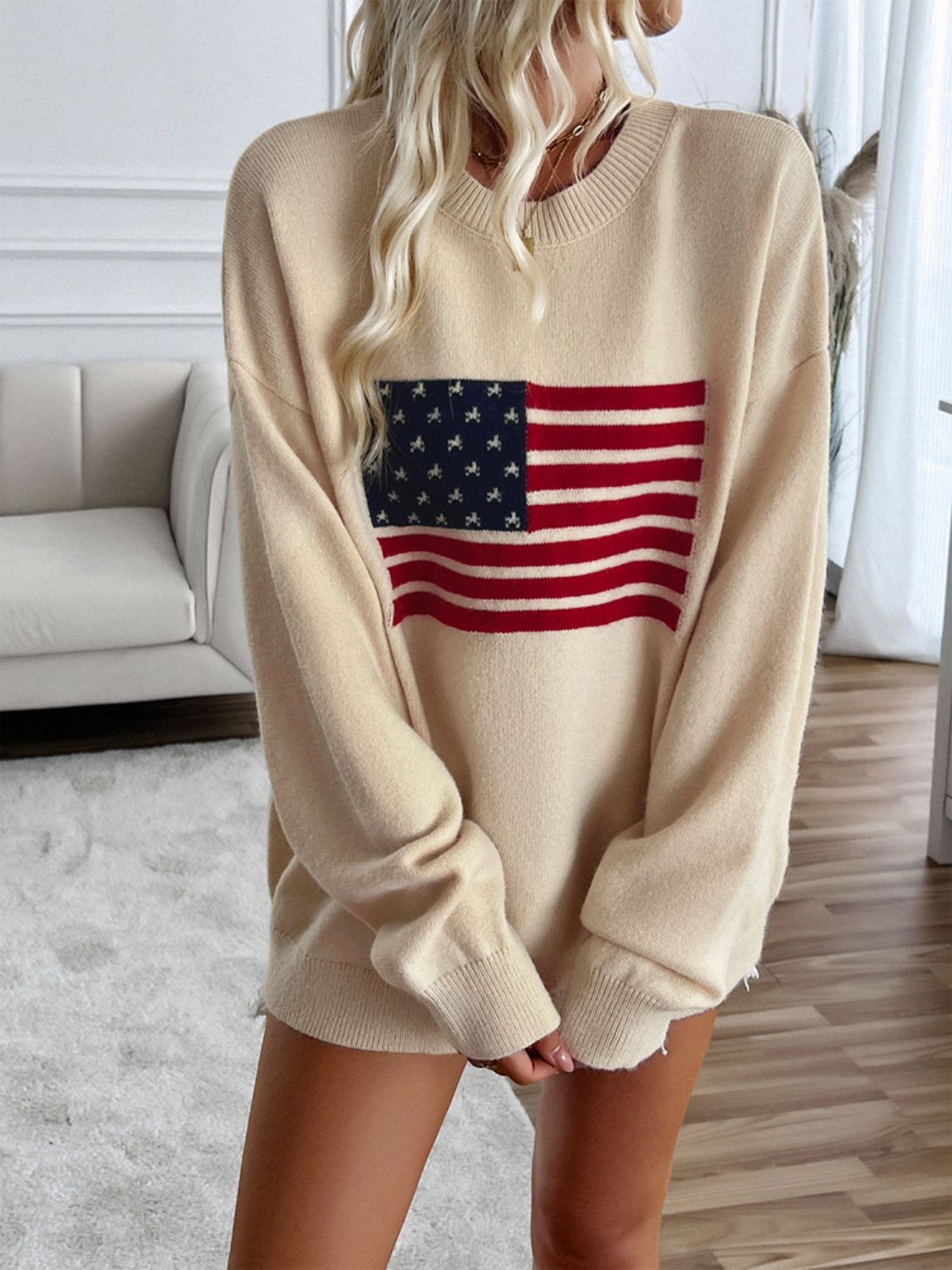 Devine US Flag Round Neck Long Sleeve Knit Top-TOPS / DRESSES-[Adult]-[Female]-Beige-S-2022 Online Blue Zone Planet