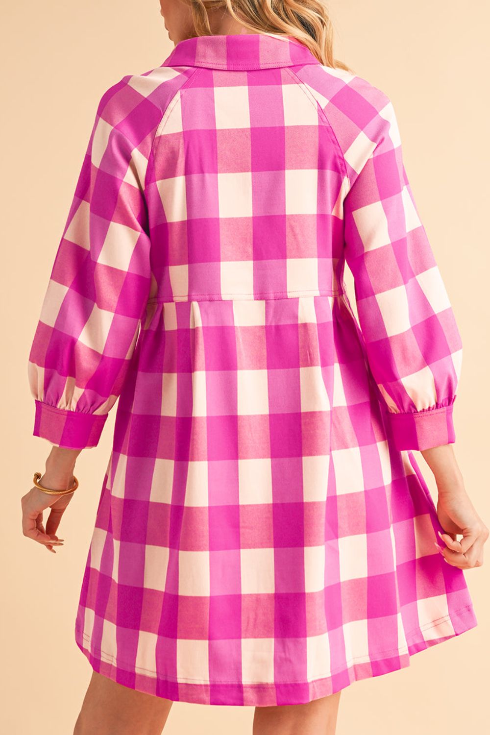 Blue Zone Planet | Ruched Plaid Three-Quarter Sleeve Shirt Dress-TOPS / DRESSES-[Adult]-[Female]-2022 Online Blue Zone Planet