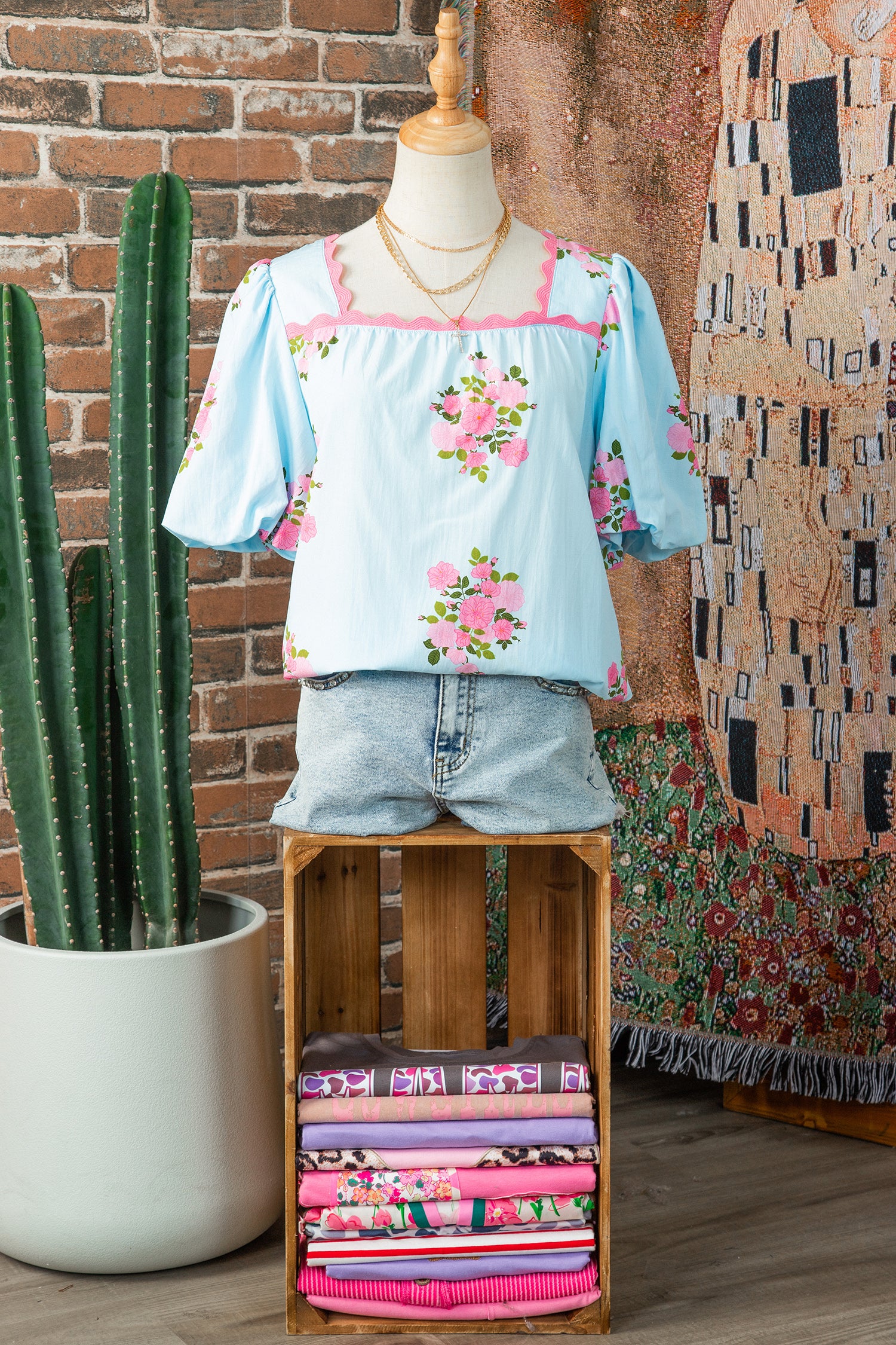 Sky Blue Floral Printed Contrast Ricrac Detail Bubble Sleeve Blouse-Tops/Blouses & Shirts-[Adult]-[Female]-2022 Online Blue Zone Planet