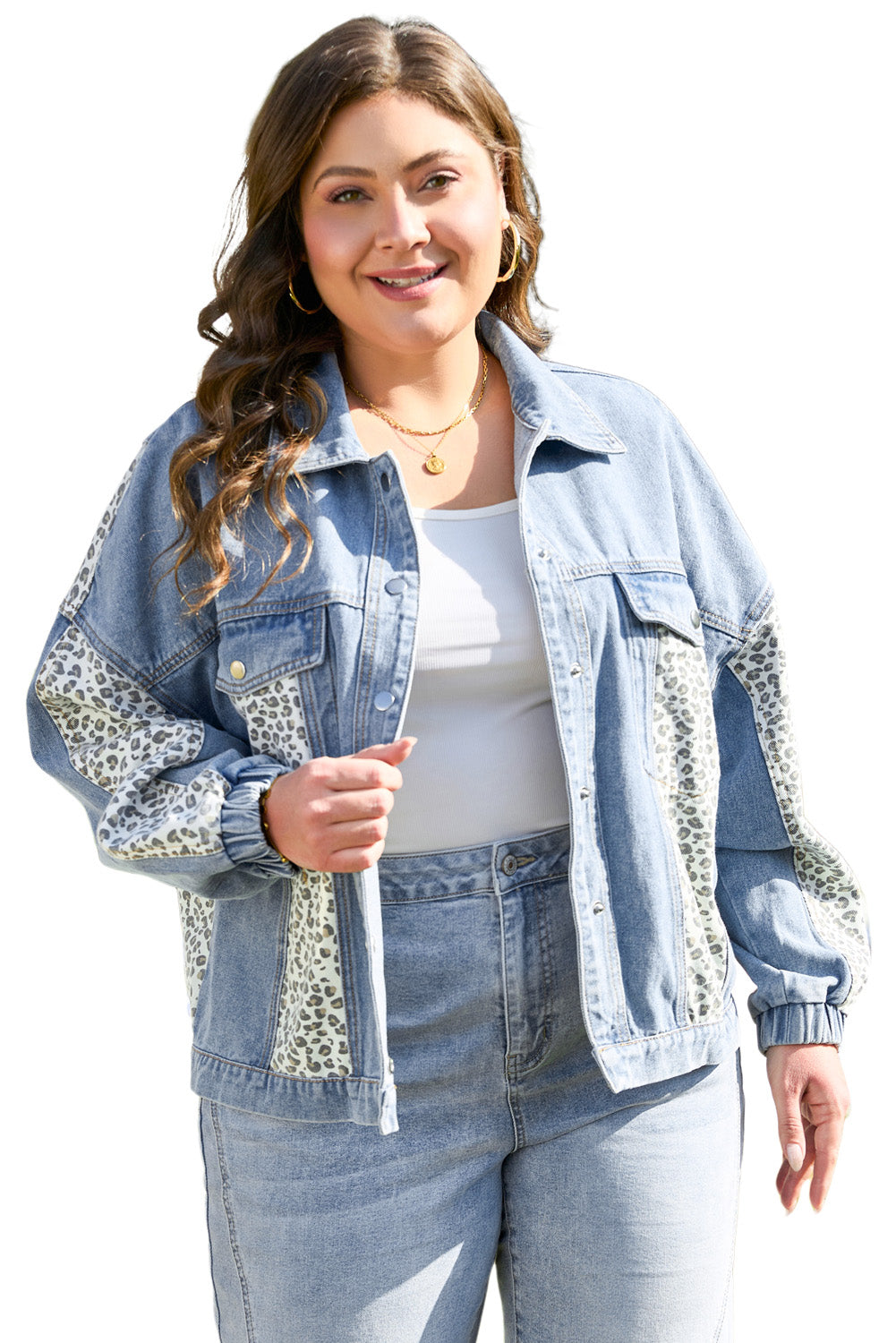 Blue Zone Planet | Beau Blue Leopard Patchwork Flap Detail Plus Size Denim Jacket-Plus Size/Plus Size Outerwear-[Adult]-[Female]-2022 Online Blue Zone Planet