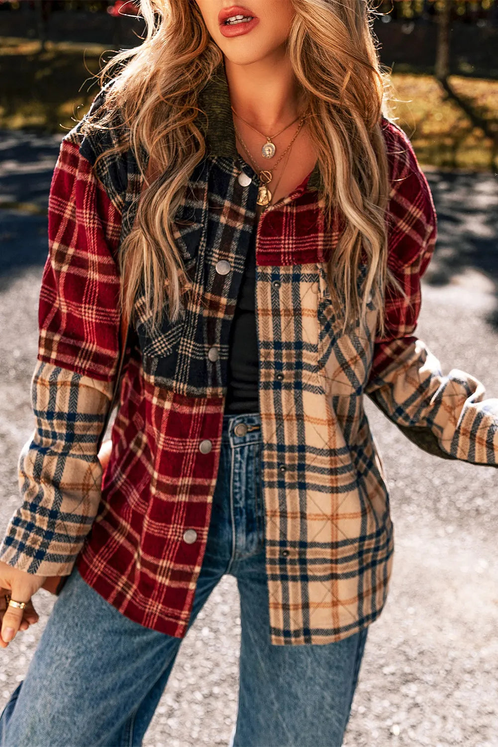 Blue Zone Planet | Plaid Button Up Long Sleeve Jacket-TOPS / DRESSES-[Adult]-[Female]-2022 Online Blue Zone Planet