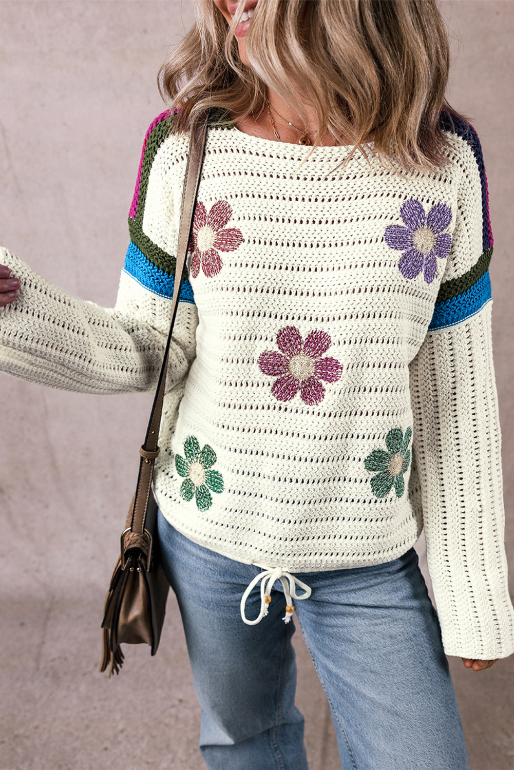 White Daisy Flower Pointelle Knit Sweater-Sweaters & Cardigans/Sweaters-[Adult]-[Female]-2022 Online Blue Zone Planet