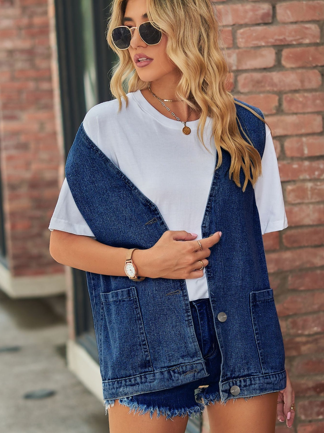Full Size V-Neck Button Up Denim Vest-TOPS / DRESSES-[Adult]-[Female]-2022 Online Blue Zone Planet