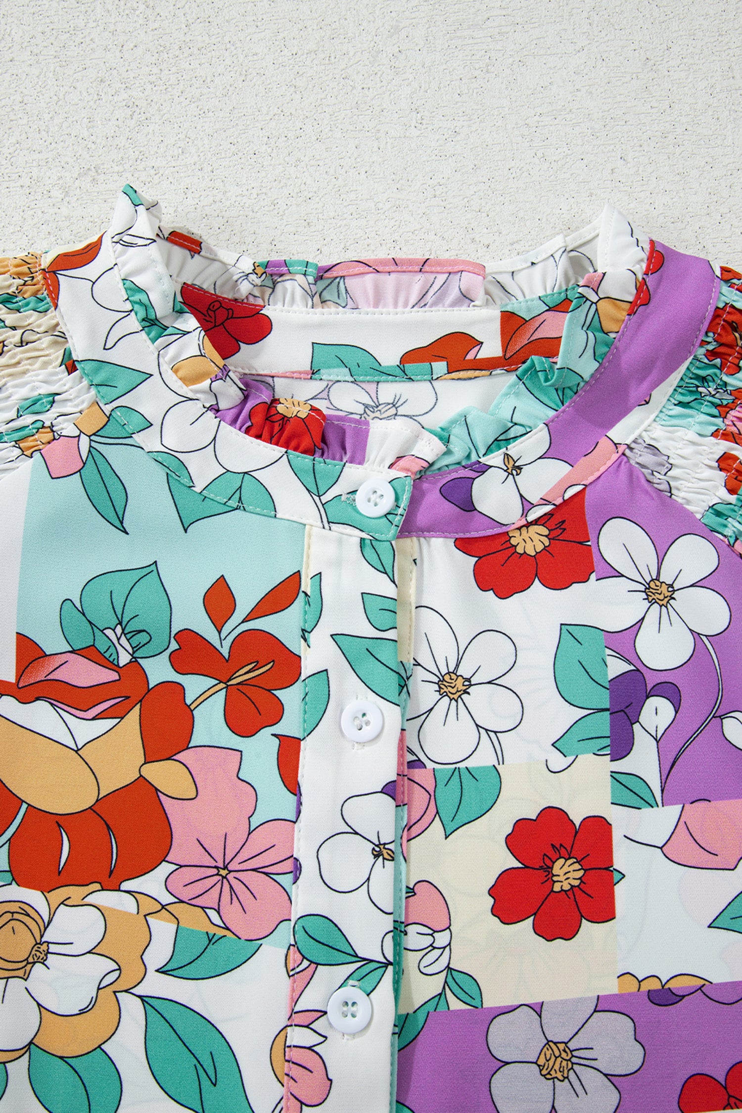 Pink Floral Print Patchwork Frilly Neckline Long Sleeve Shirt-Tops/Blouses & Shirts-[Adult]-[Female]-2022 Online Blue Zone Planet