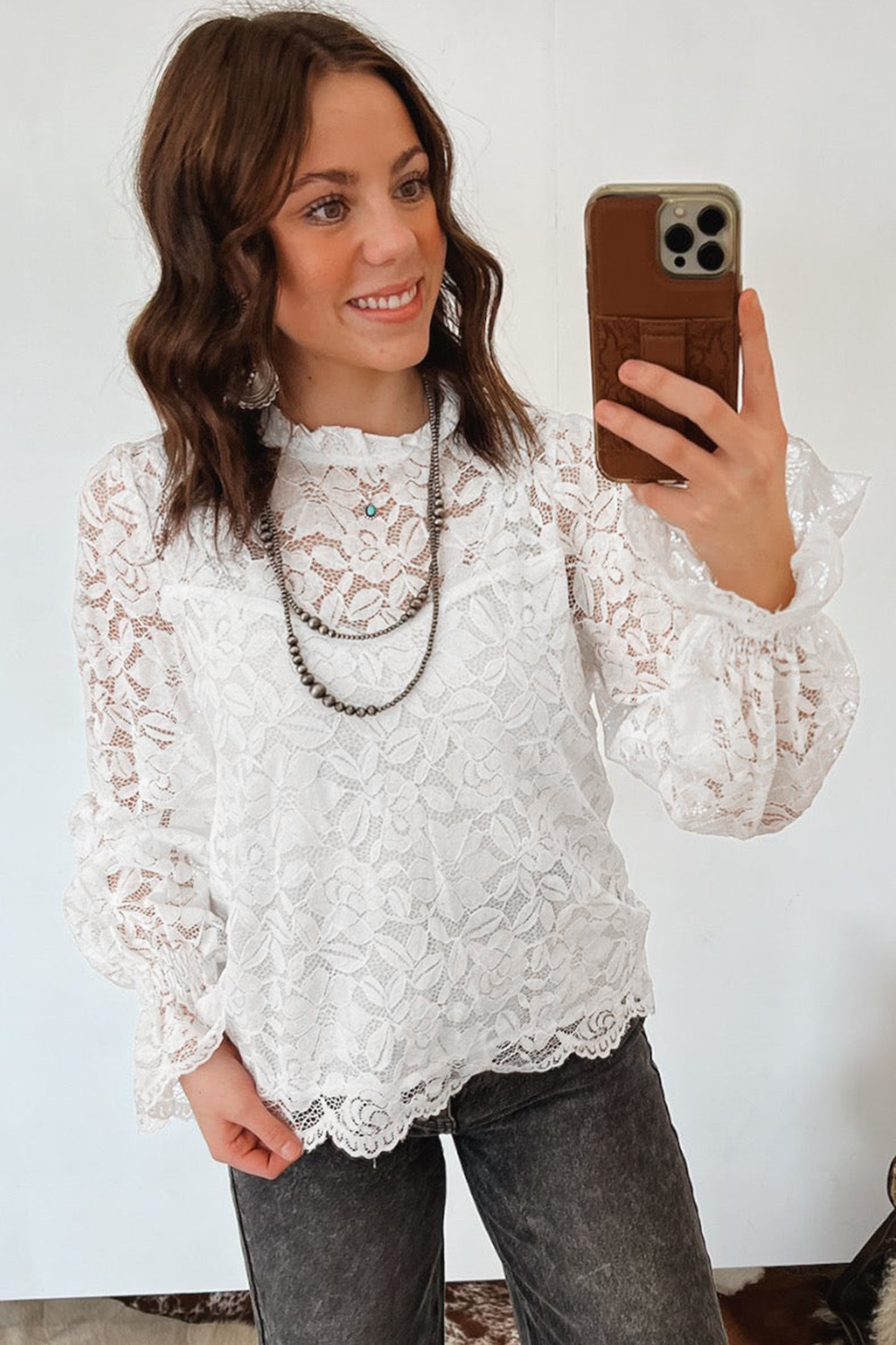 White Ruffled Round Neck Long Flounce Sleeve Sheer Lace Blouse-Tops/Blouses & Shirts-[Adult]-[Female]-2022 Online Blue Zone Planet