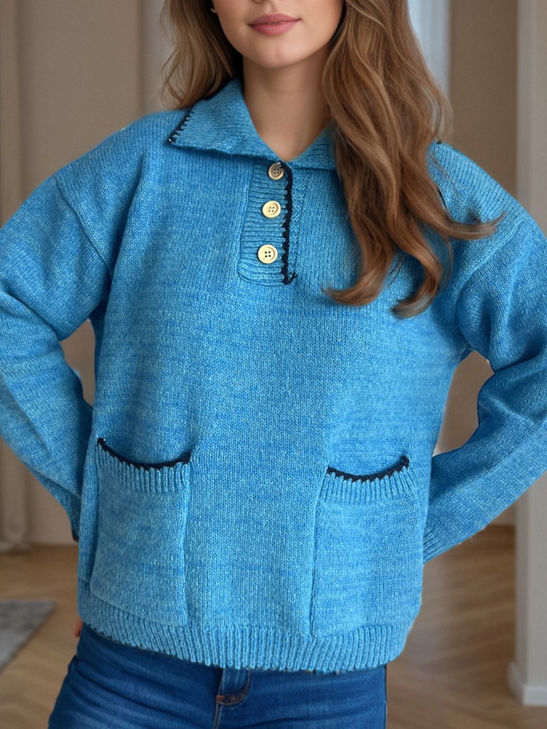 Blue Zone Planet | Contrast Trim Quarter Button Long Sleeve Sweater-TOPS / DRESSES-[Adult]-[Female]-Sky Blue-One Size-2022 Online Blue Zone Planet