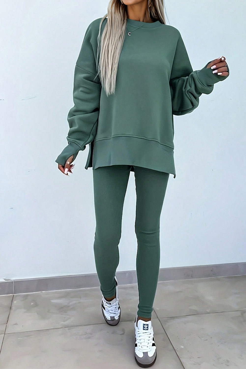 Green Bay Solid Color Oversize Slit Sweatshirt Ribbed Leggings 2pcs Set-Two Piece Sets/Pant Sets-[Adult]-[Female]-Green Bay-S-2022 Online Blue Zone Planet