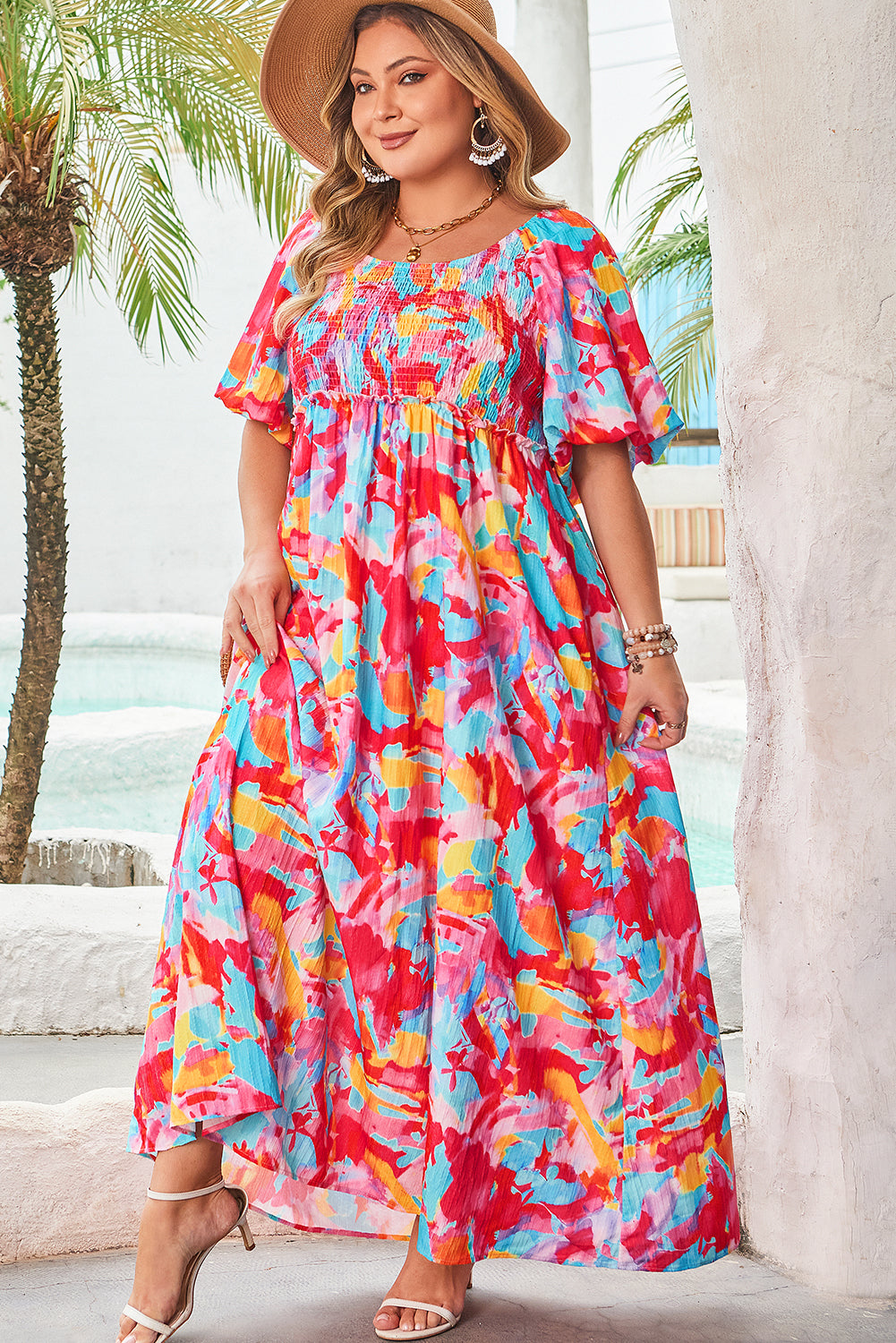 Rose Abstract Printed Puff Sleeve Square Neck Smocked Bust Tied Back Plus Size Dress-TOPS / DRESSES-[Adult]-[Female]-2022 Online Blue Zone Planet