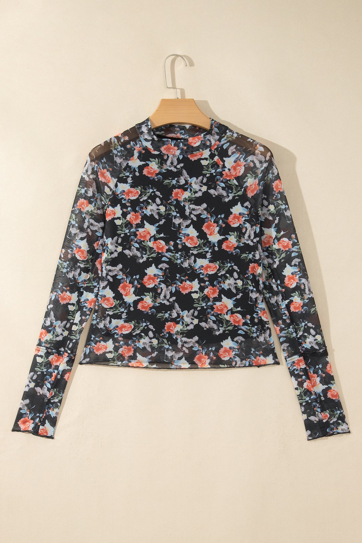 Black Floral Print Mesh Thumb Hole Long Sleeve Mock Neck Pullover Top-Pre Order/Pre Order Tops-[Adult]-[Female]-2022 Online Blue Zone Planet