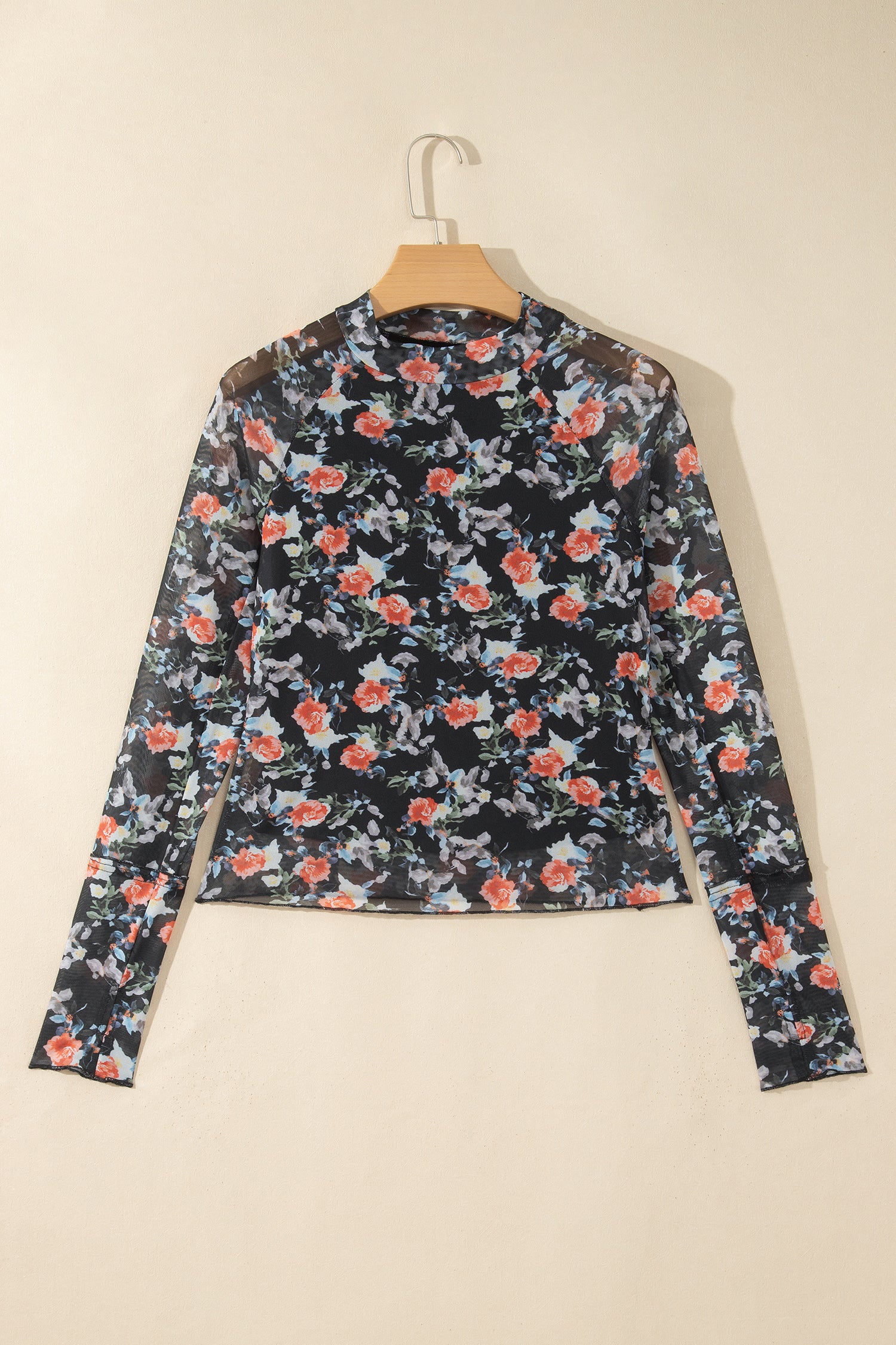 Black Floral Print Mesh Thumb Hole Long Sleeve Mock Neck Pullover Top-Pre Order/Pre Order Tops-[Adult]-[Female]-2022 Online Blue Zone Planet