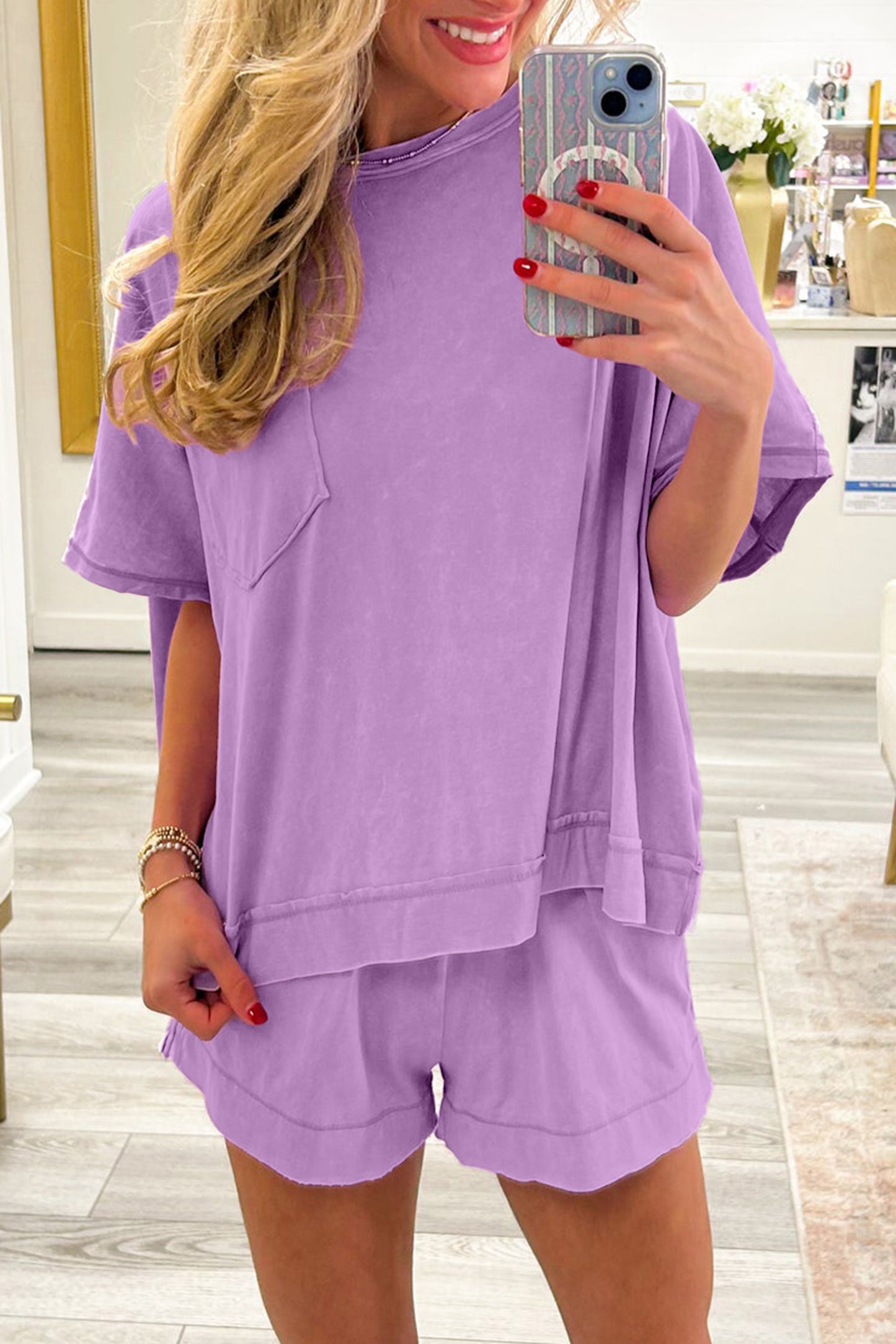 Strawberry Pink Raw Edge Patch Pocket Oversized Top and Shorts Set-Two Piece Sets/Short Sets-[Adult]-[Female]-Orchid Bouquet-S-2022 Online Blue Zone Planet