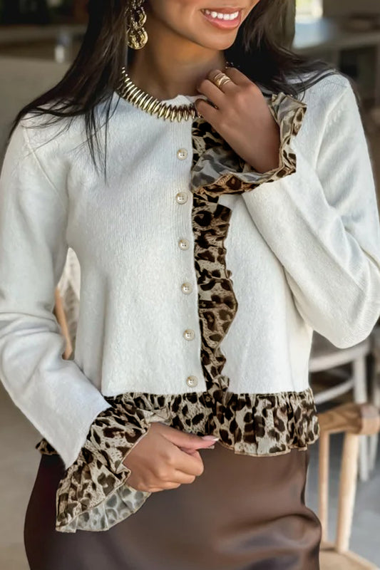 White Knitted Leopard Ruffle Patchwork Button Down Cropped Cardigan-Sweaters & Cardigans/Cardigans-[Adult]-[Female]-White-S-2022 Online Blue Zone Planet