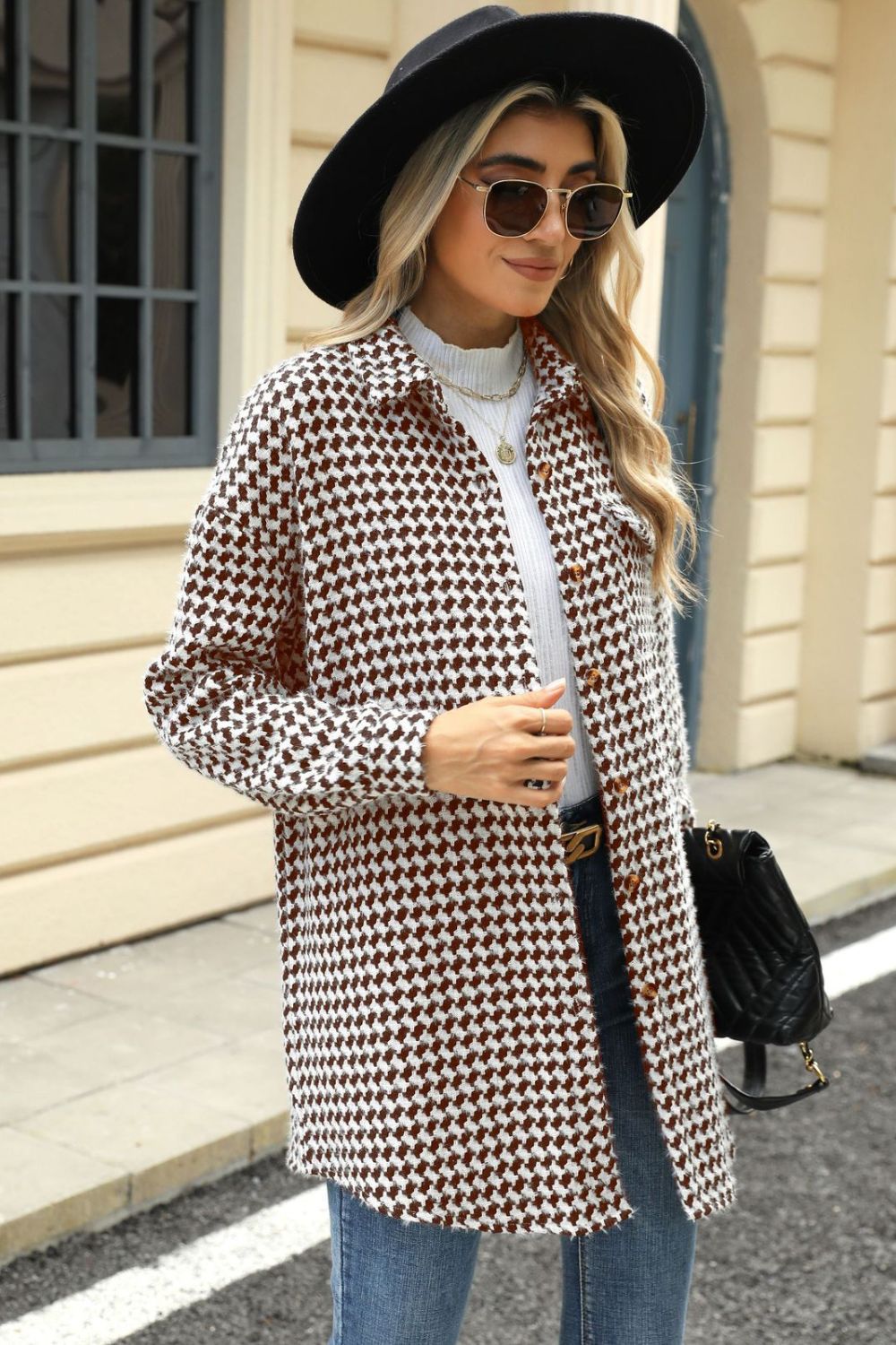 Houndstooth Button Up Dropped Shoulder Coat-TOPS / DRESSES-[Adult]-[Female]-2022 Online Blue Zone Planet