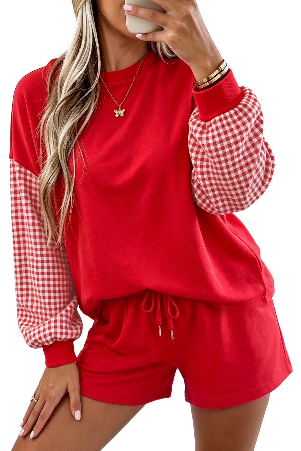 Red Plaid Patchwork Long Sleeve Top Solid Drawstring Shorts Set-Two Piece Sets/Short Sets-[Adult]-[Female]-2022 Online Blue Zone Planet