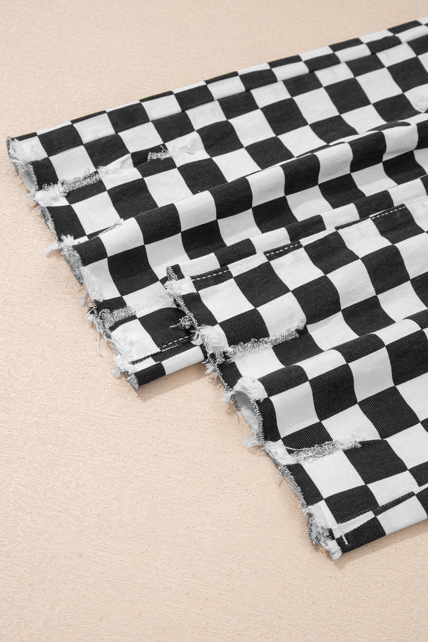 Black Checkerboard Print Distressed Holes Raw Edge Cropped Jeans-Bottoms/Jeans-[Adult]-[Female]-2022 Online Blue Zone Planet