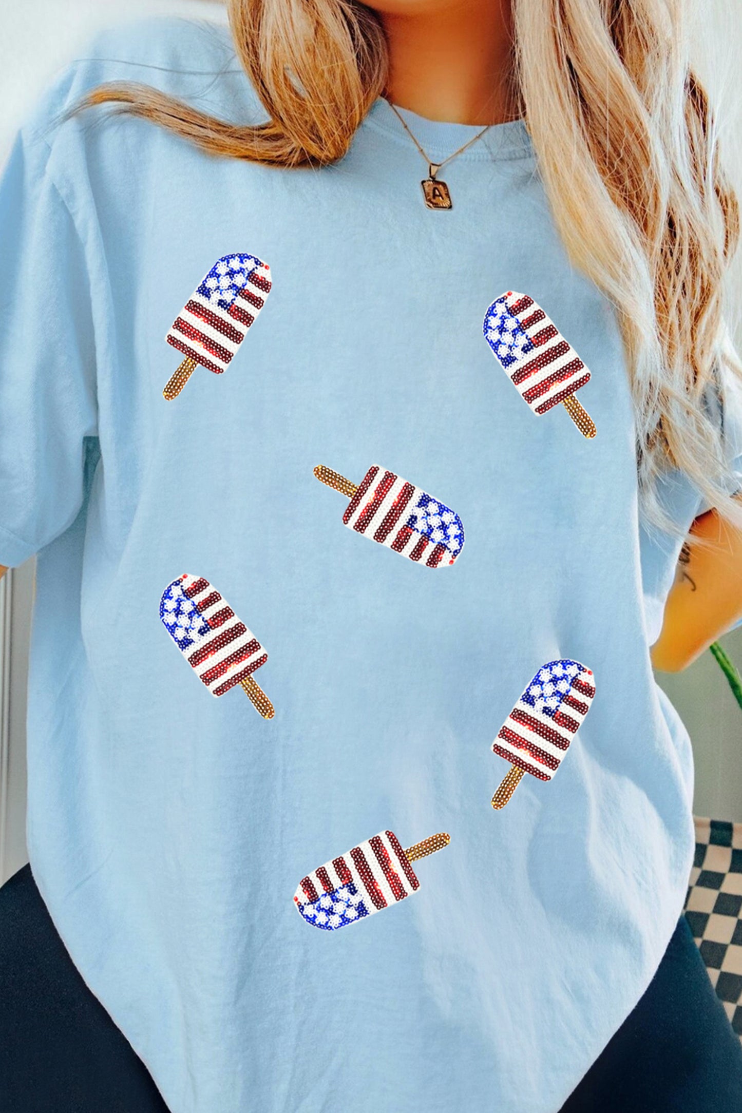 Light Blue Patriotic Sequin Popsicle T Shirt-Graphic/Graphic Tees-[Adult]-[Female]-2022 Online Blue Zone Planet