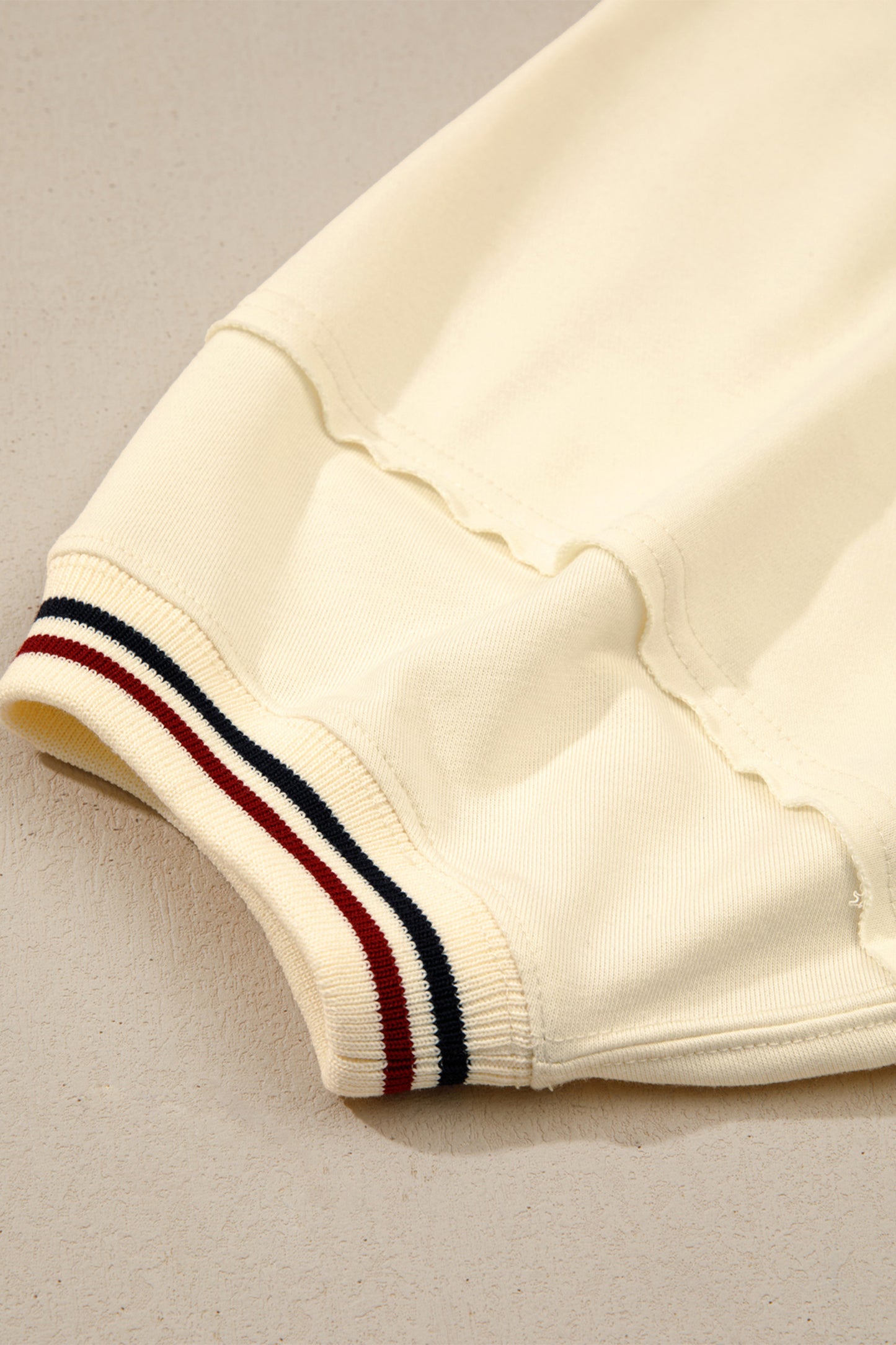 Beige Contrast Varsity Striped Neckline Cuffed Short Sleeve Loose Tunic Top-Tops/Tops & Tees-[Adult]-[Female]-2022 Online Blue Zone Planet