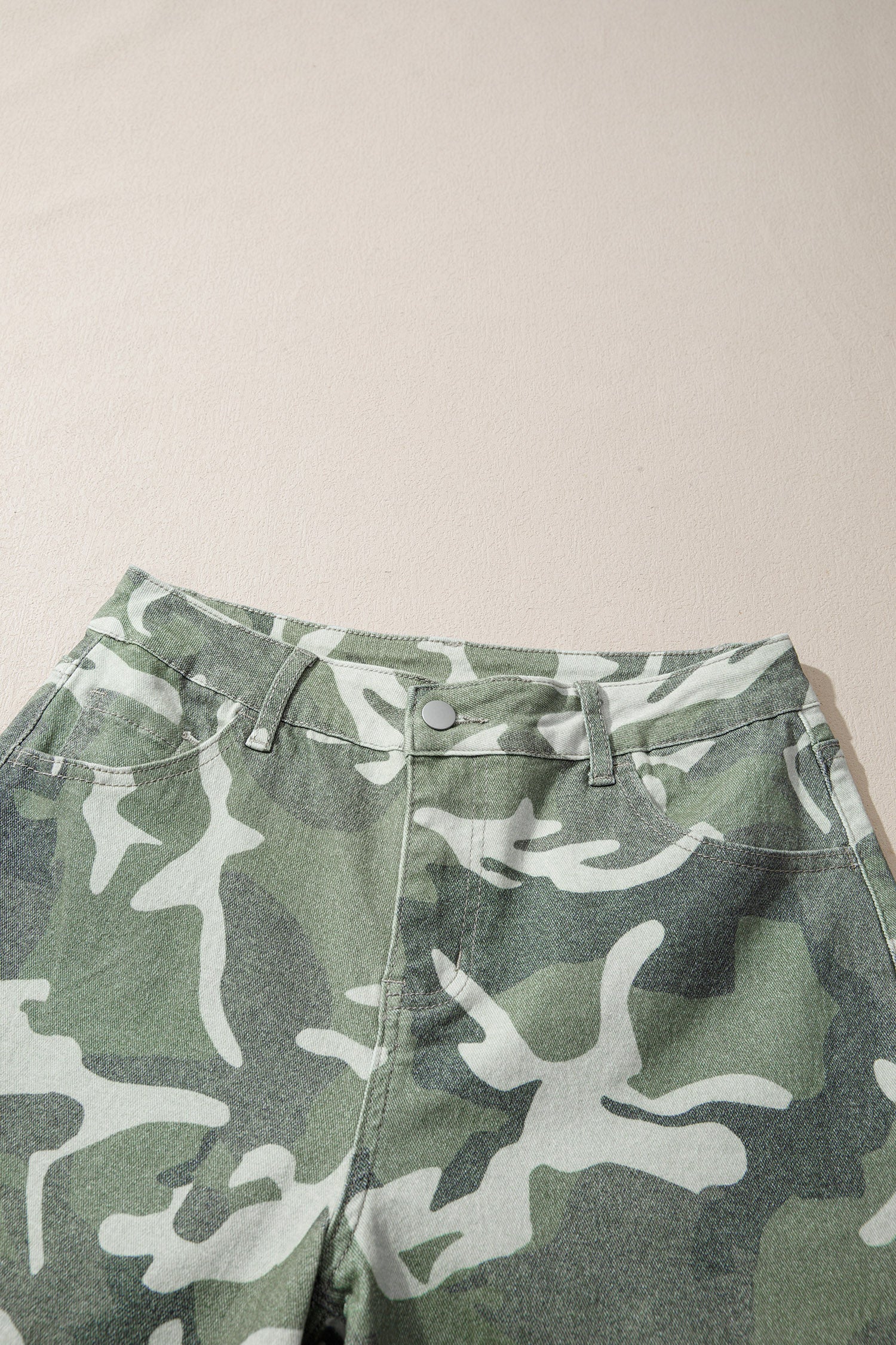 Green Camo Print Button Fly Straight Leg Ankle Length Jeans-Bottoms/Jeans-[Adult]-[Female]-2022 Online Blue Zone Planet